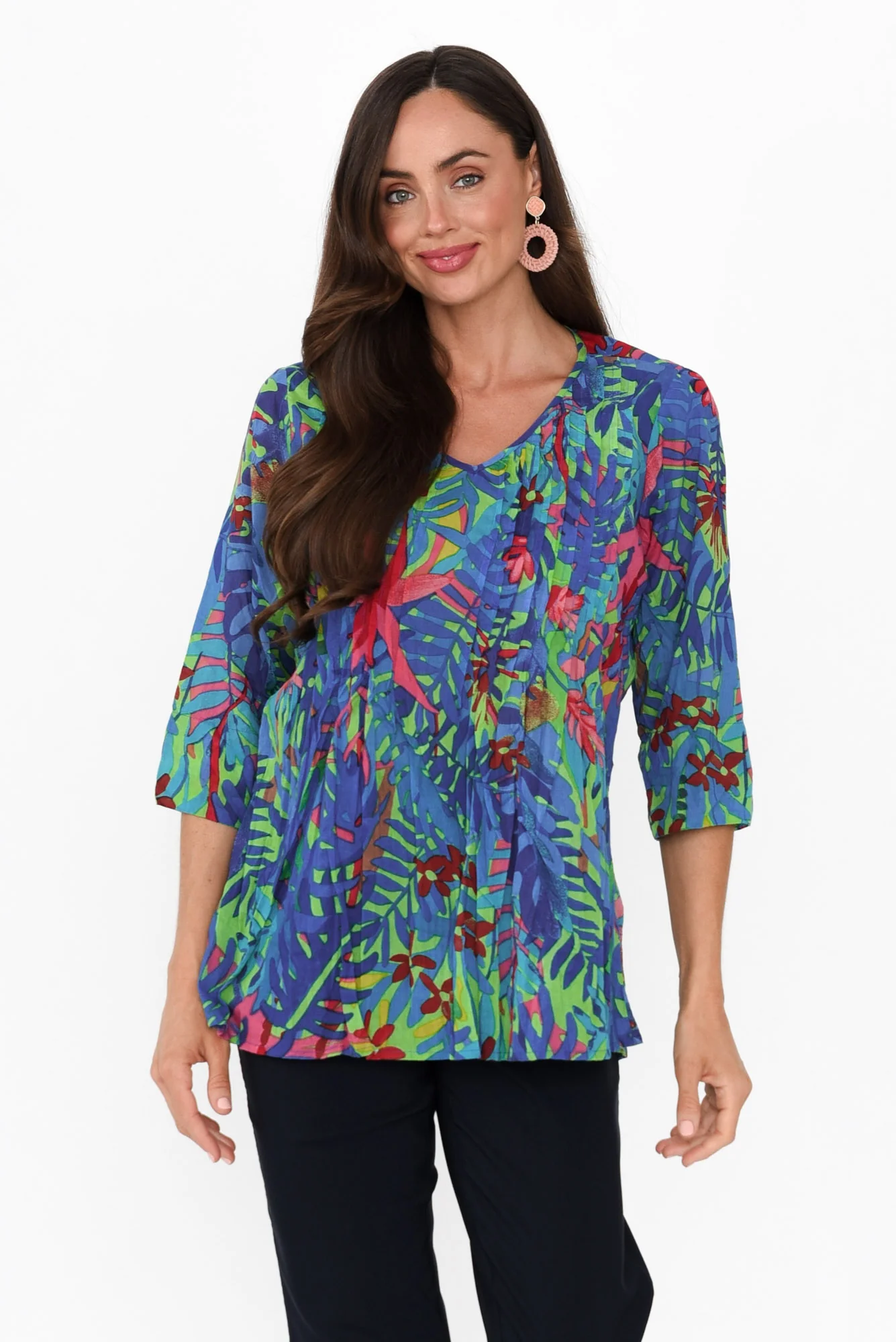 Fia Blue Jungle Sleeved Crinkle Cotton Top
