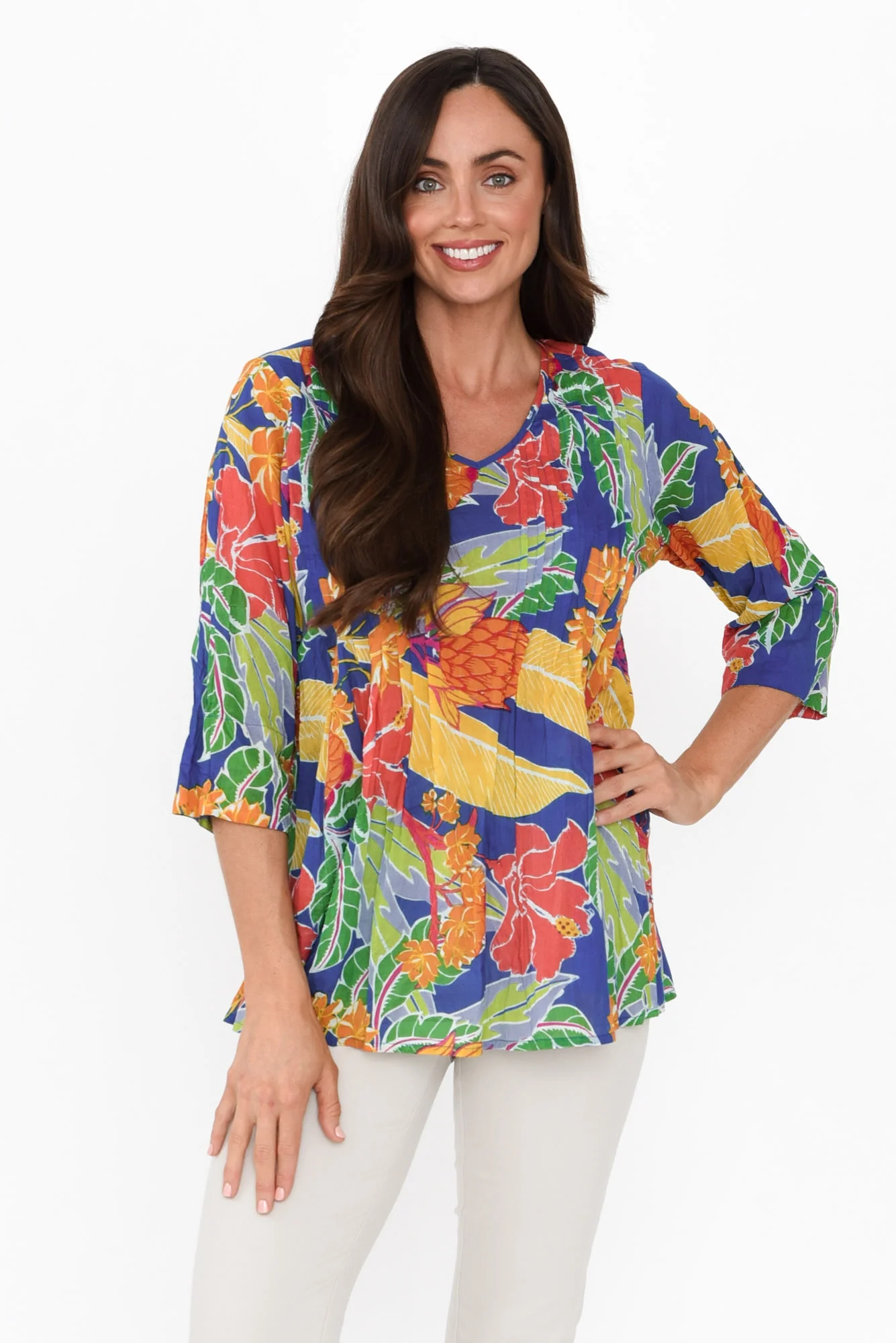 Fia Navy Floral Sleeved Crinkle Cotton Top