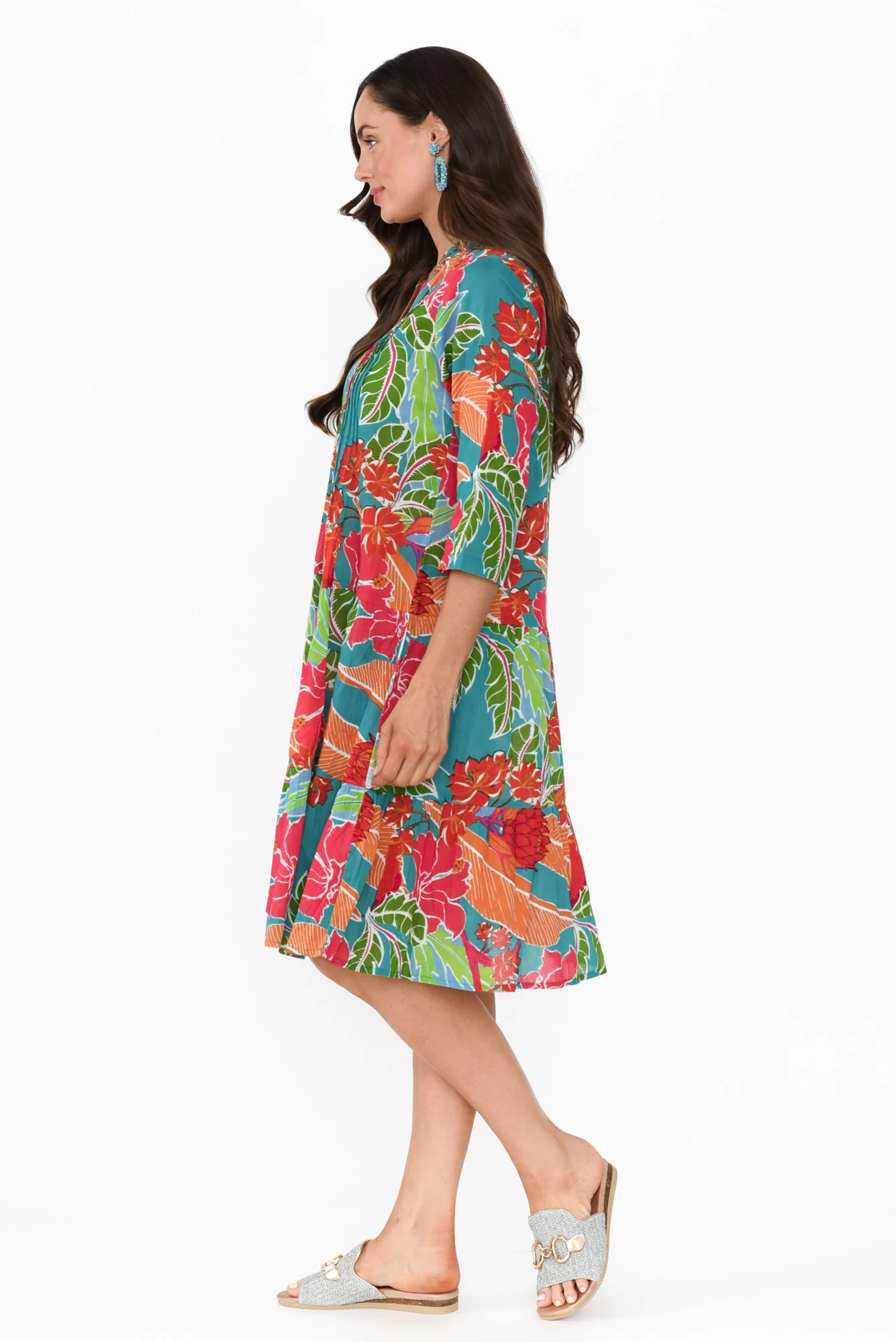 Larissa Emerald Tropical Cotton Pleated Dress