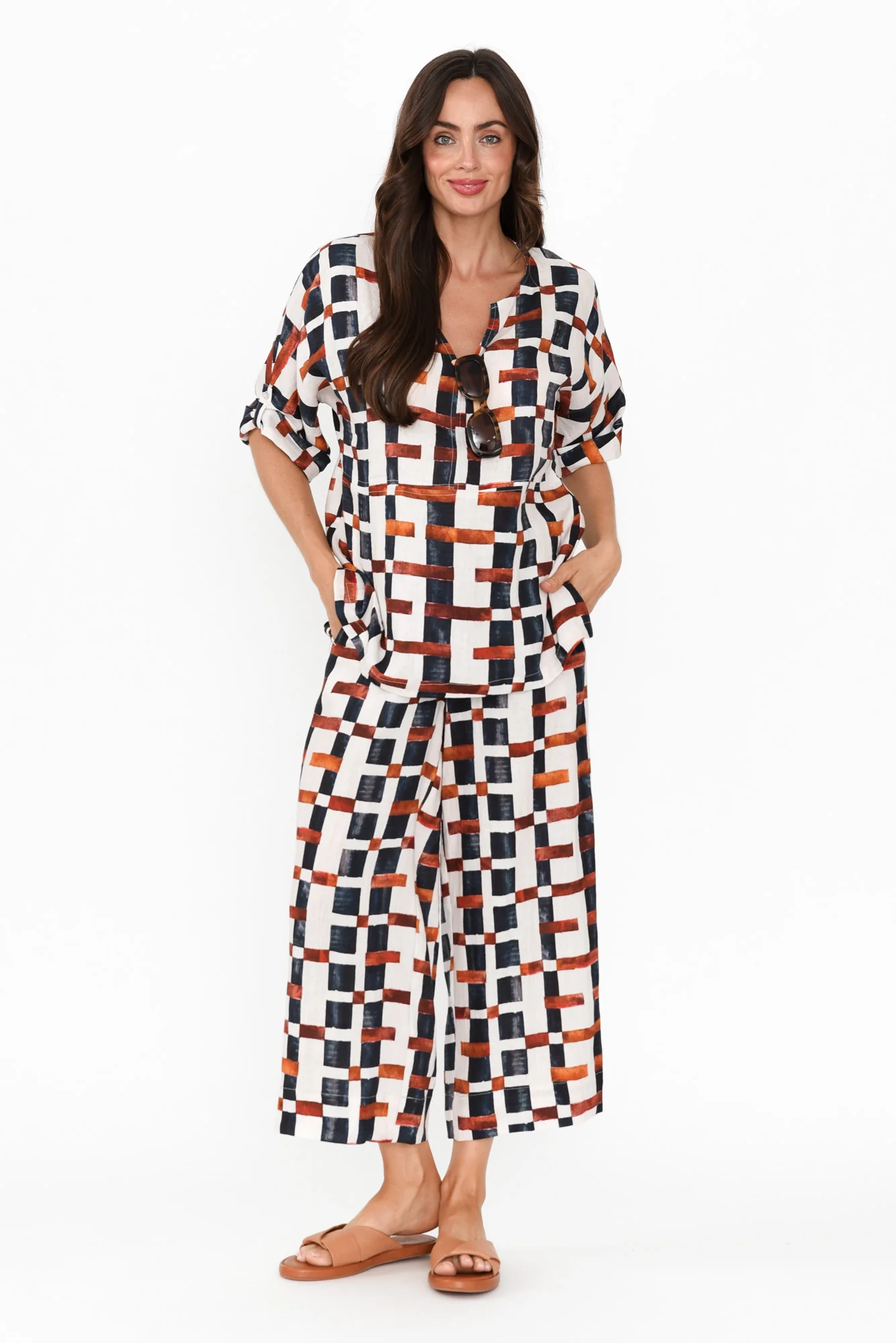 Taina Brown Geo Linen Top