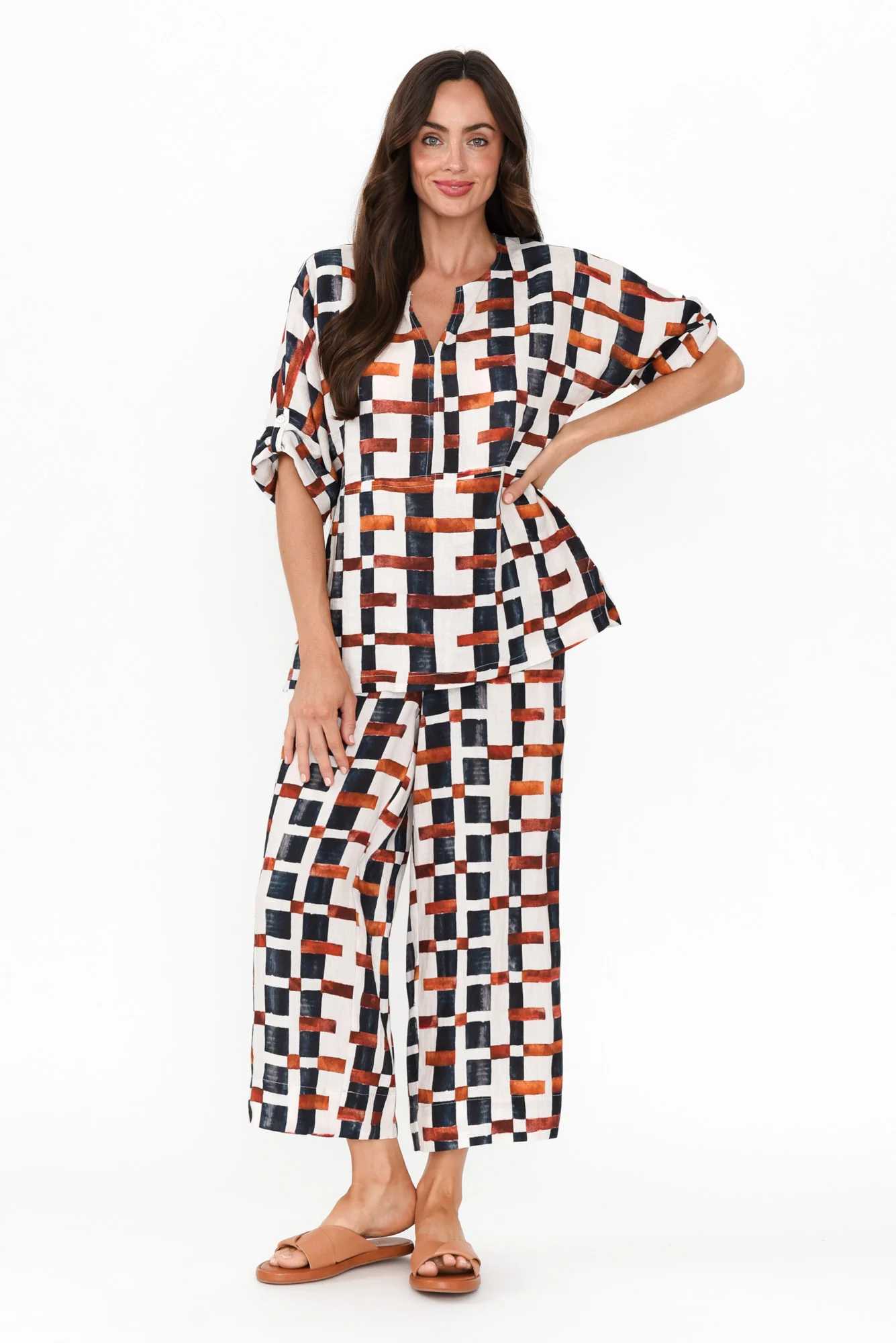 Taina Brown Geo Linen Top