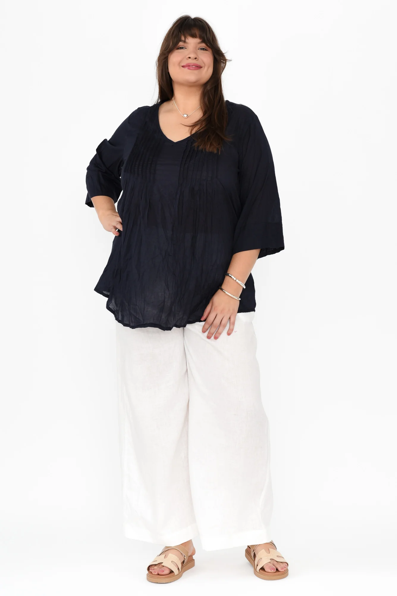 Fia Navy Sleeved Crinkle Cotton Top