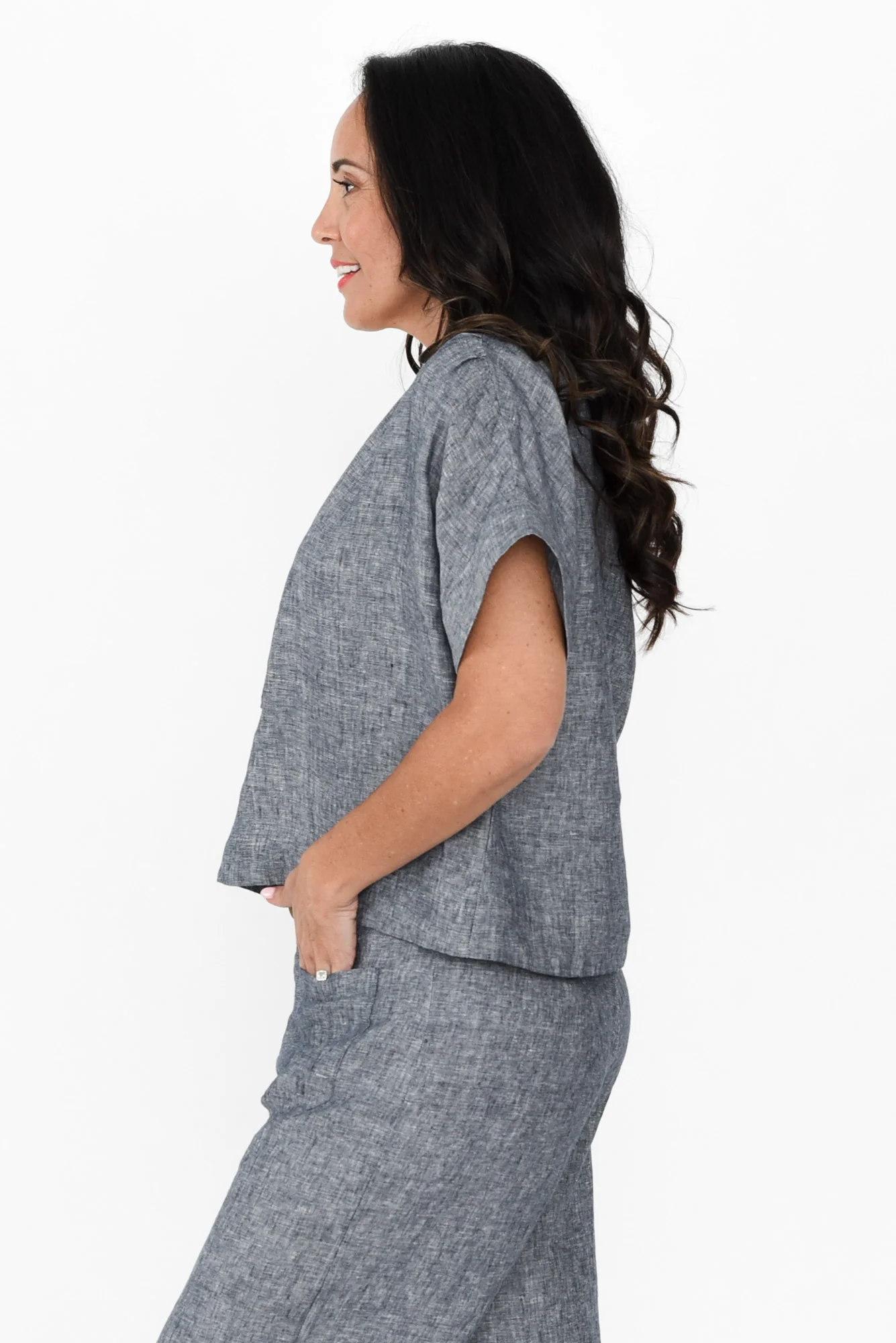Joss Grey Linen V Neck Top