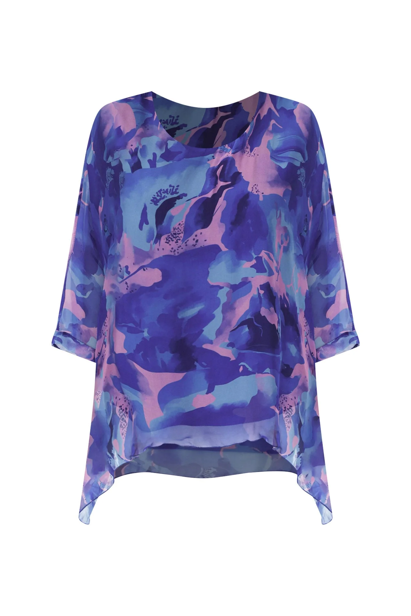 Trevino Blue Abstract Silk Overlay Top