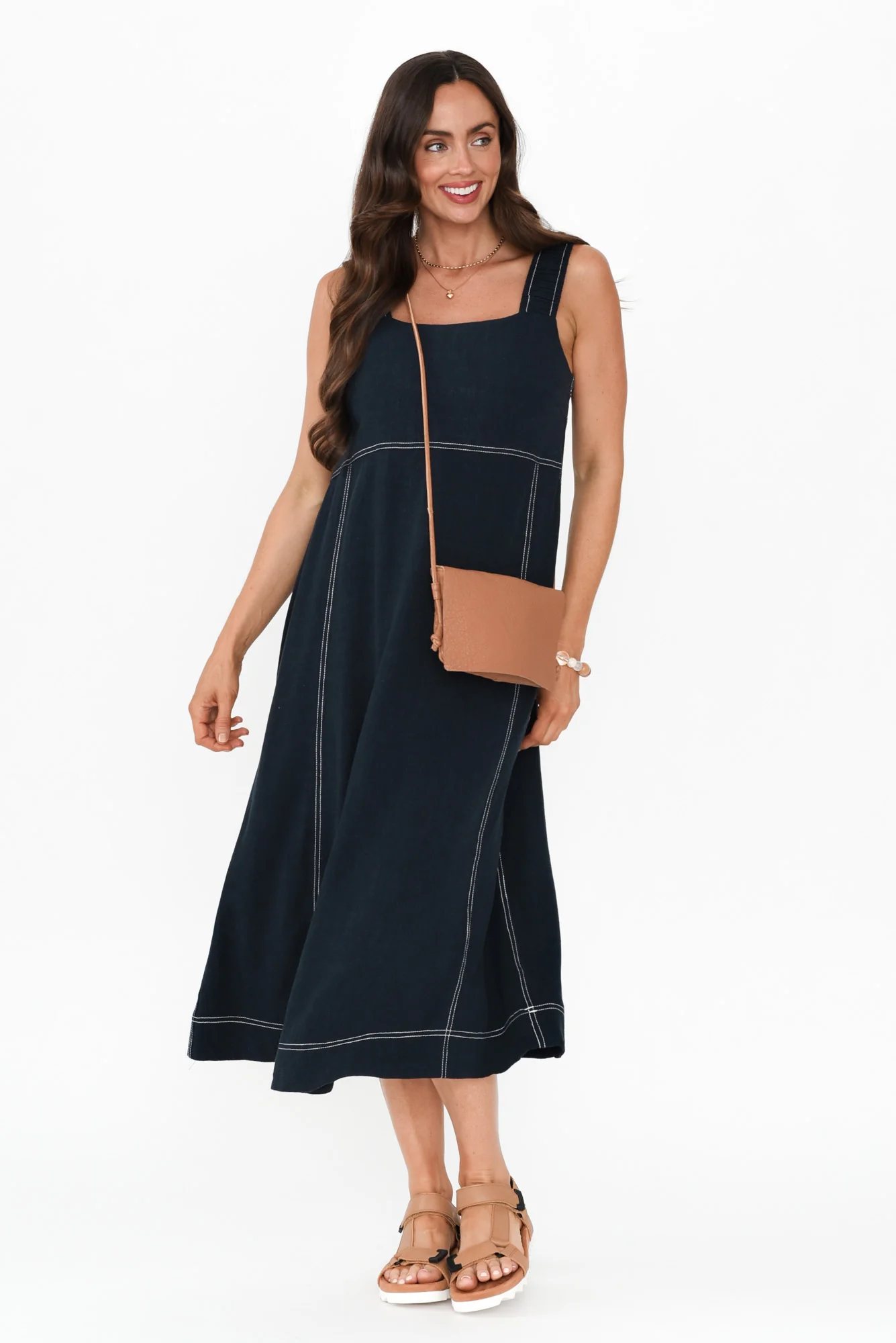 Saylor Navy Contrast Linen Blend Dress