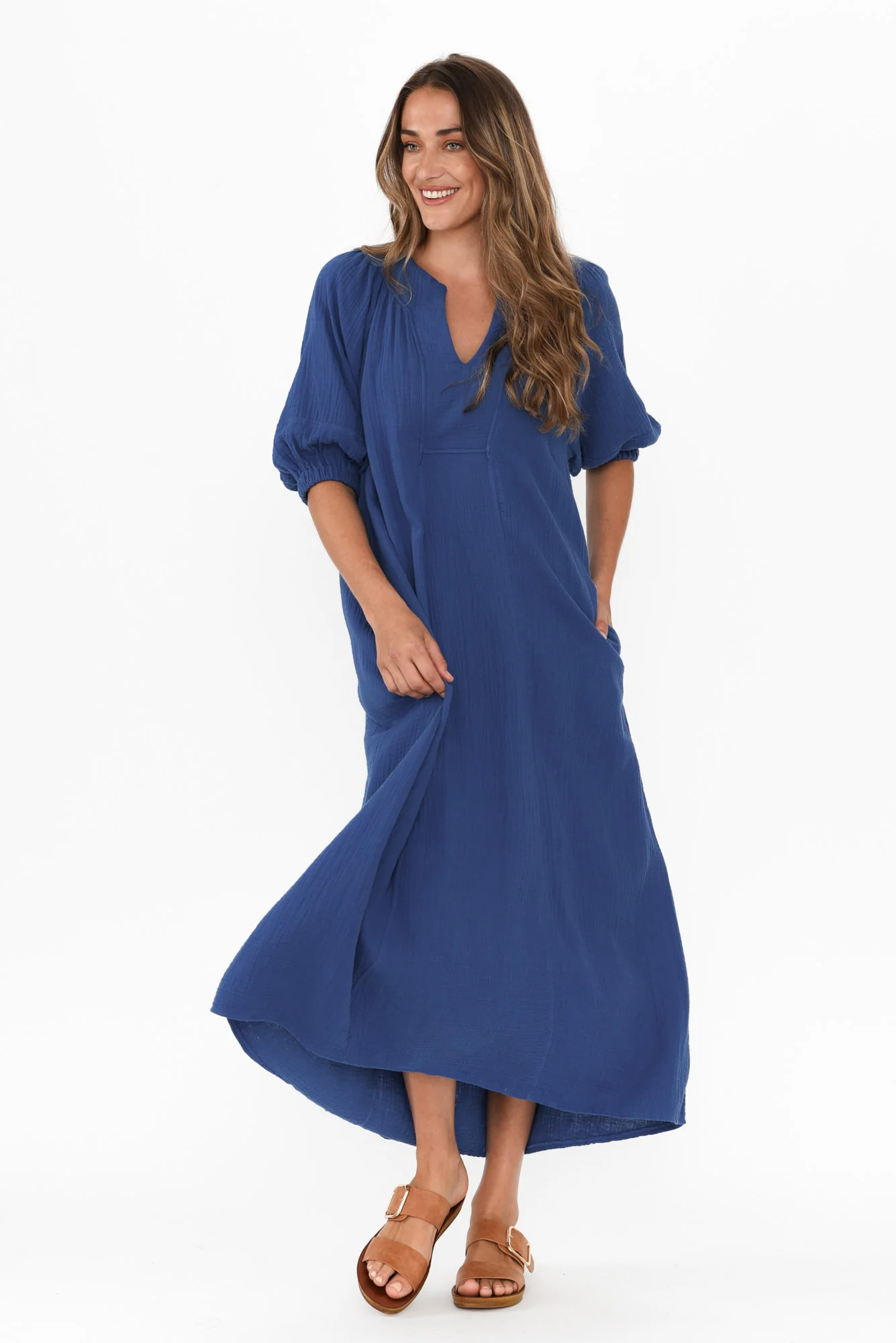 Neila Cobalt Cotton Cheesecloth Midi Dress