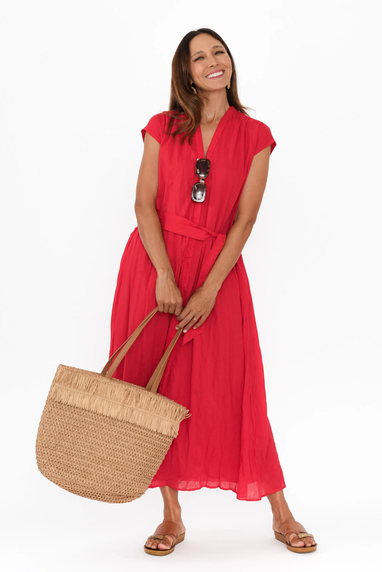 Octavia Red Crinkle Cotton Button Dress