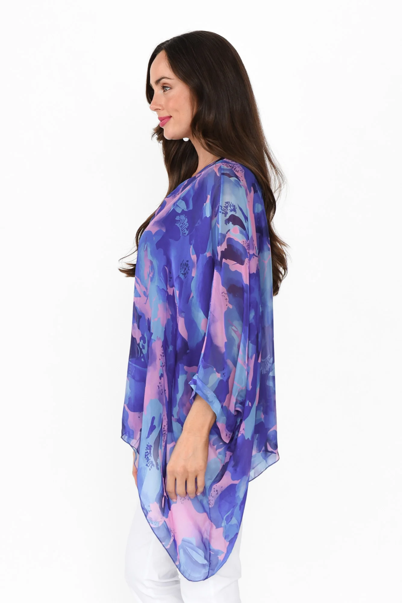 Trevino Blue Abstract Silk Overlay Top