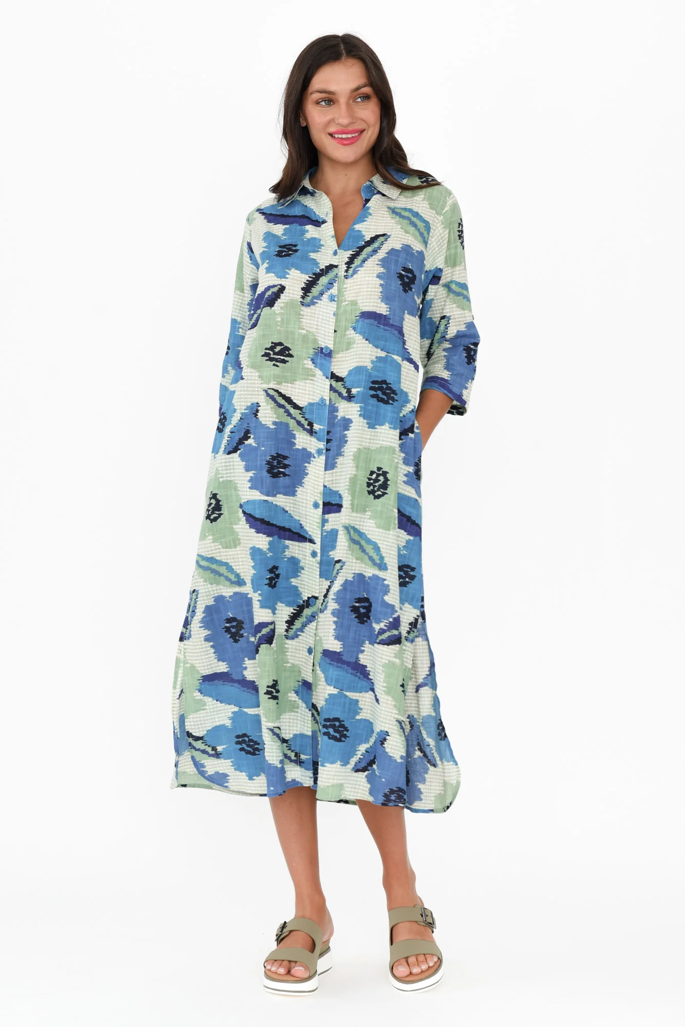 Tricia Blue Floral Cotton Shirt Dress