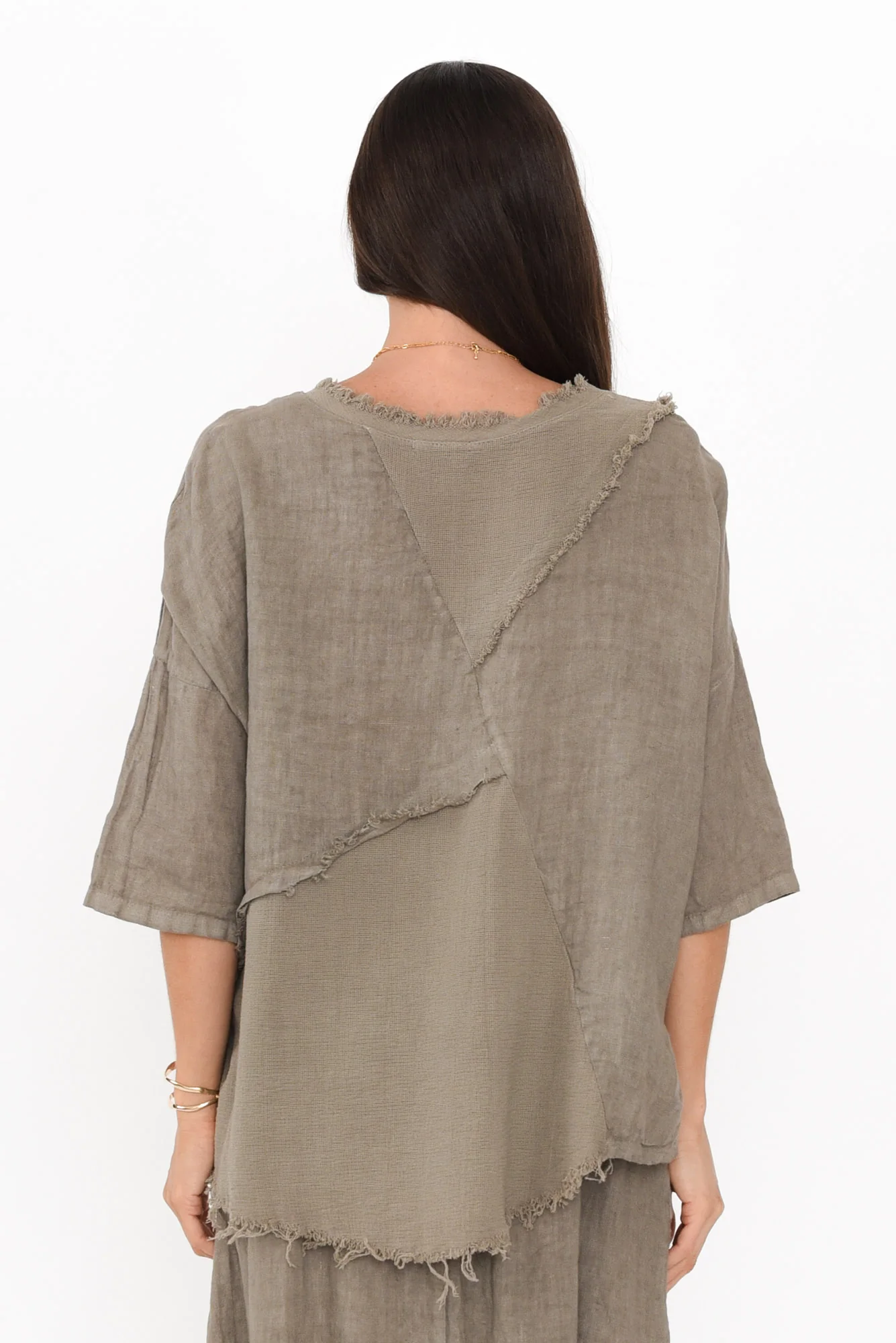 Denae Taupe Linen Frayed Top