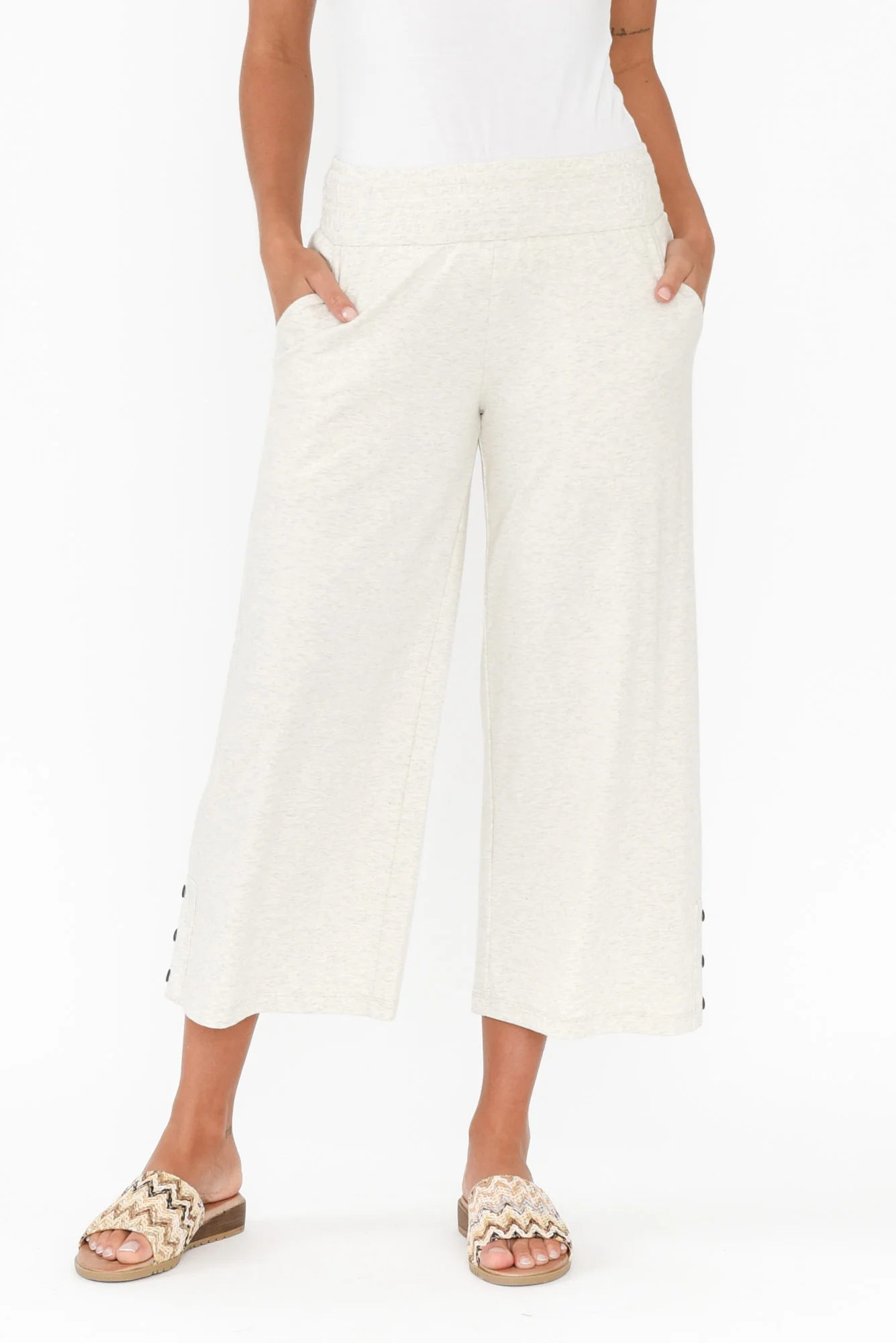 Eliana Grey Marle Cotton Shirred Cropped Pants