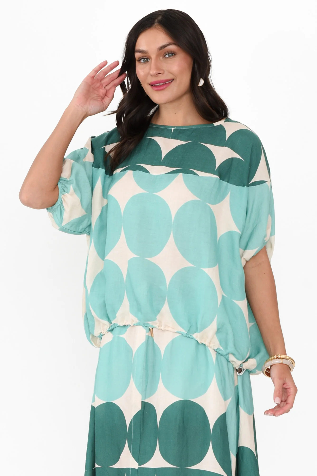 Domino Aqua Spot Linen Blend Top