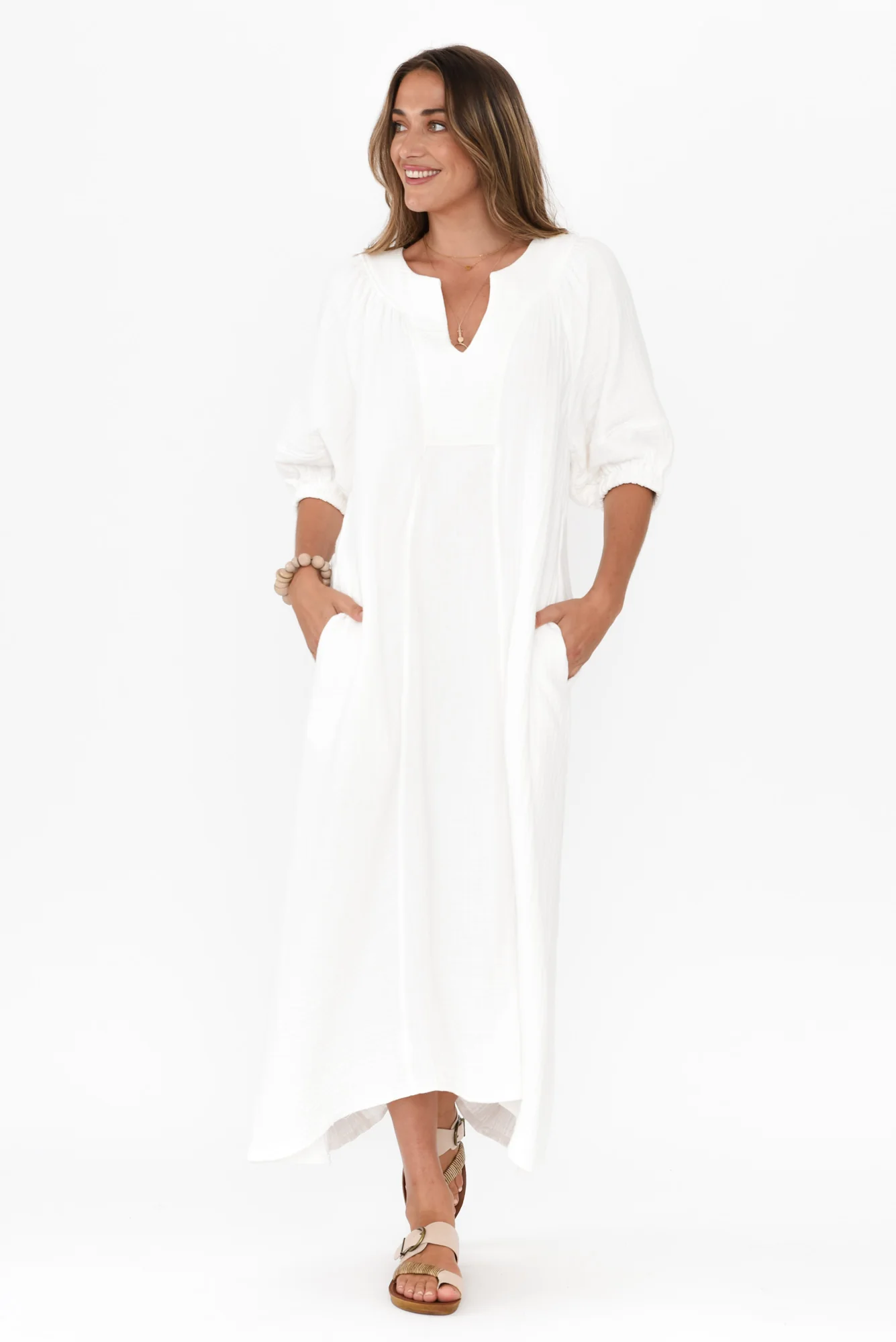 Neila White Cotton Cheesecloth Midi Dress