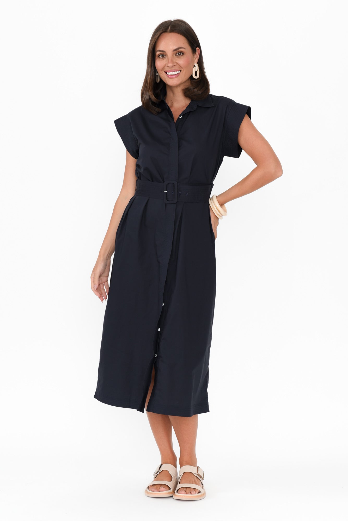 Gail Navy Cotton Belted Dress