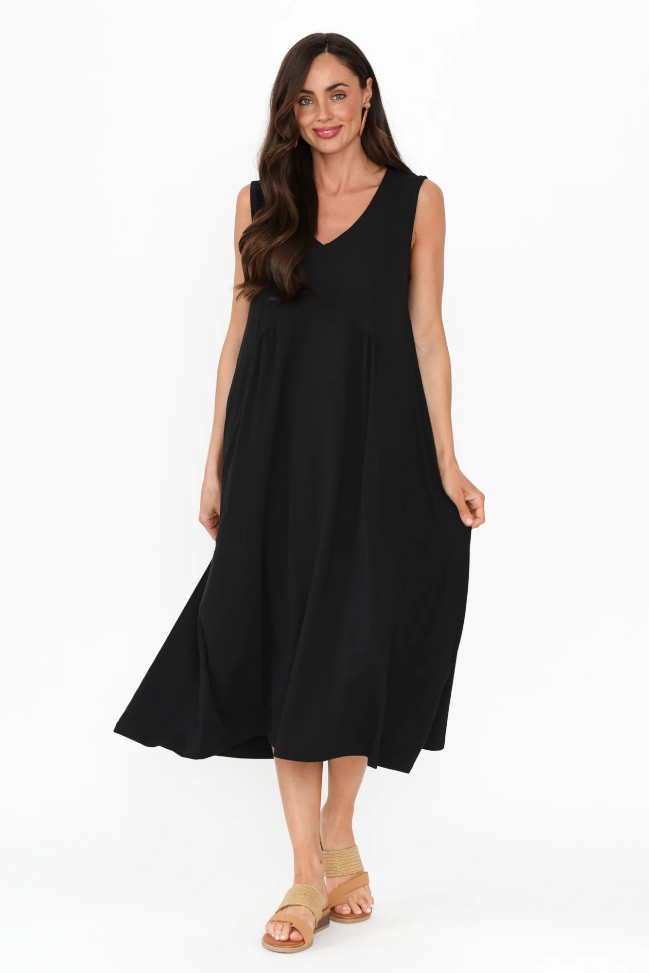 Tarah Black Cotton Stretch V Neck Dress