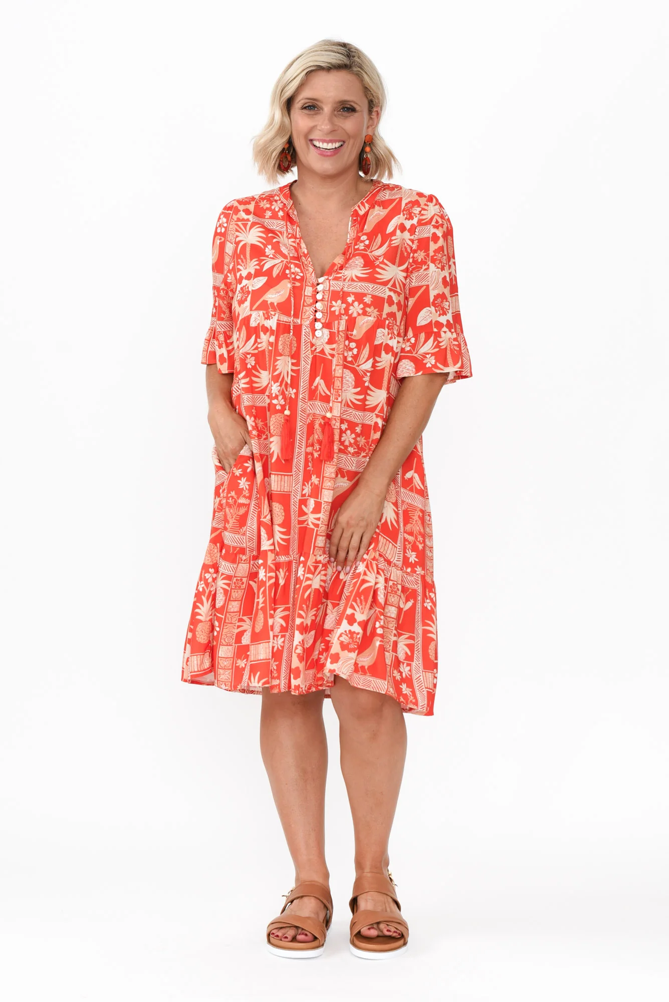Zorita Red Tropical Frill Sleeve Dress