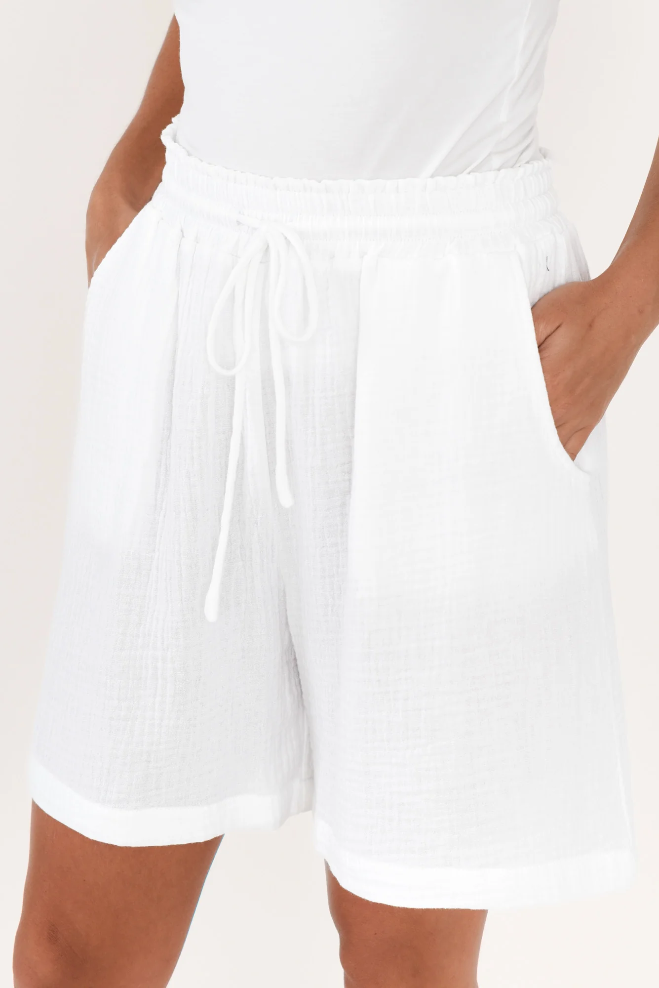 Naples White Cotton Cheesecloth Shorts