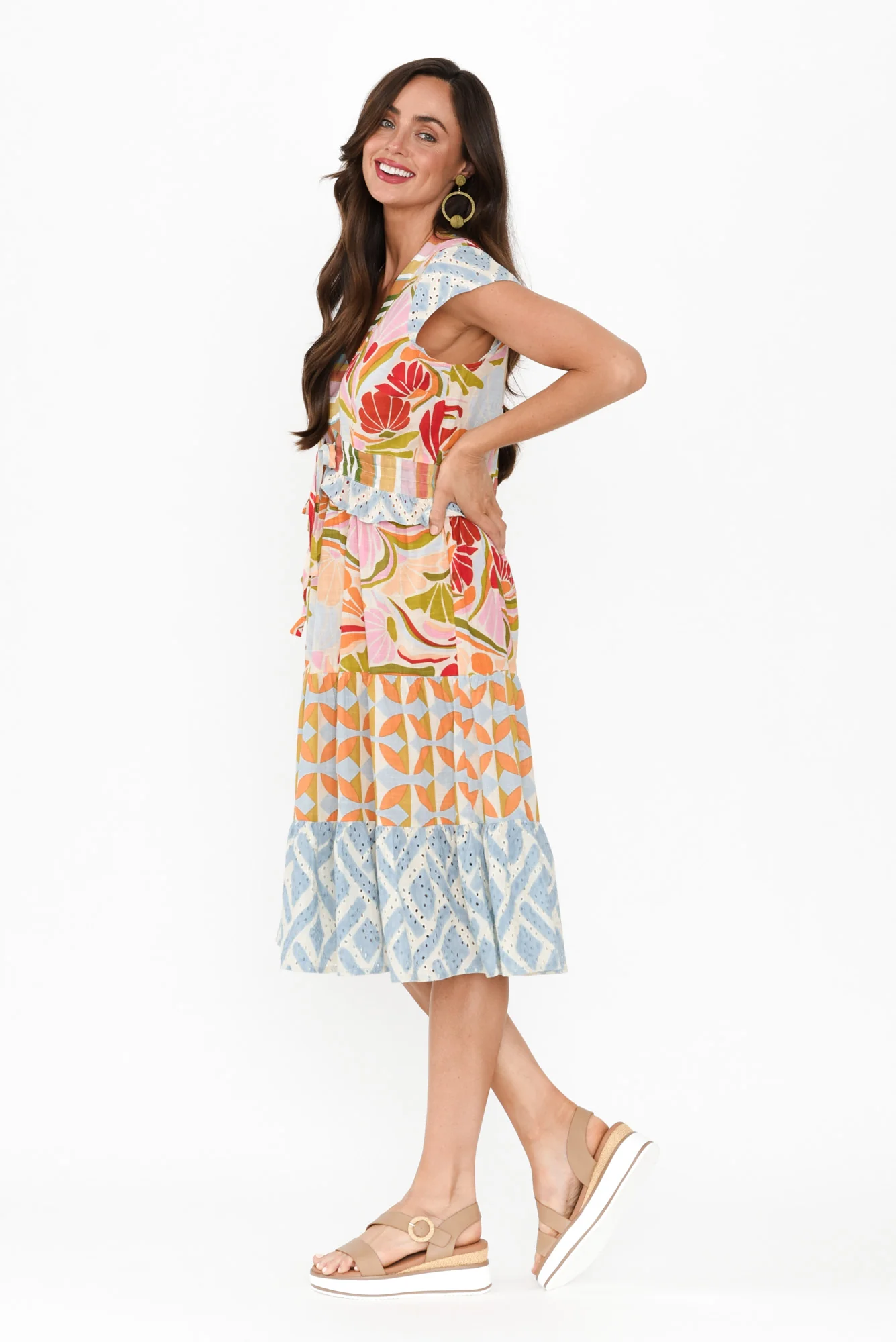 Duke Orange Geo Cotton Tiered Dress