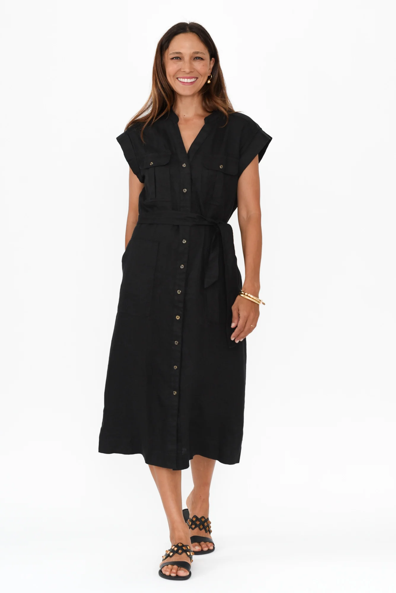 Harlow Black Linen Belted Dress