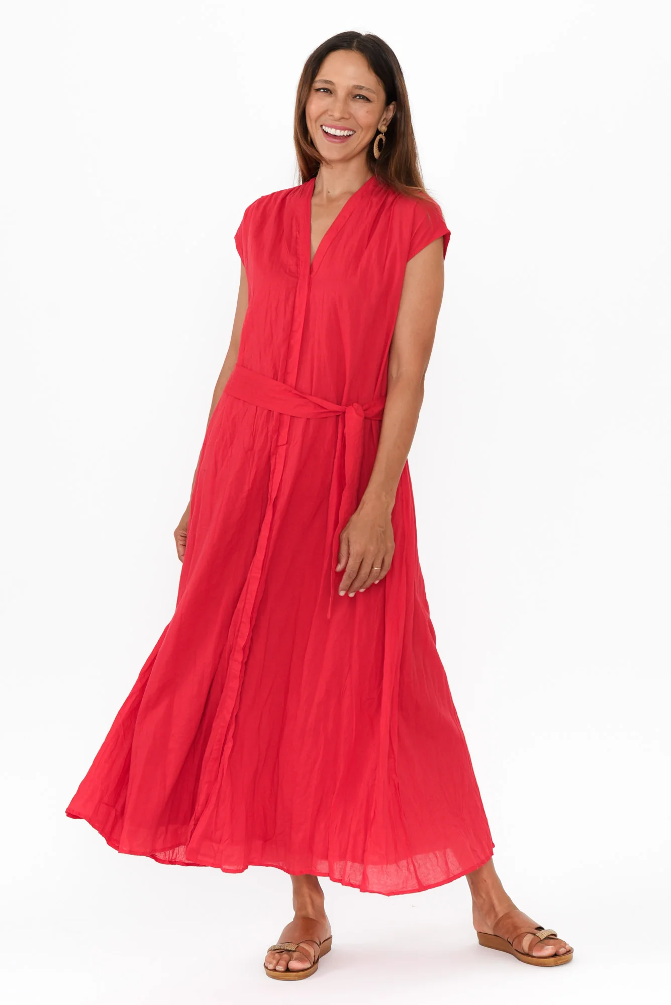 Octavia Red Crinkle Cotton Button Dress