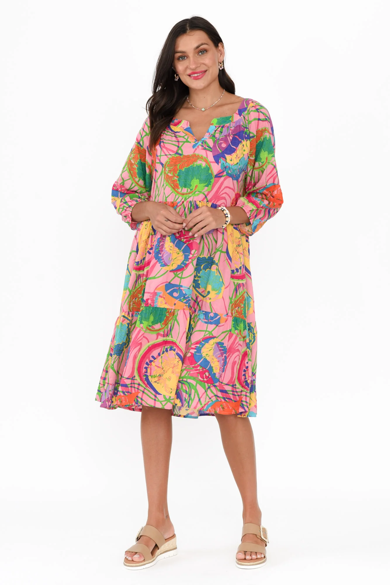 Irene Pink Tropical Cotton Blend Dress
