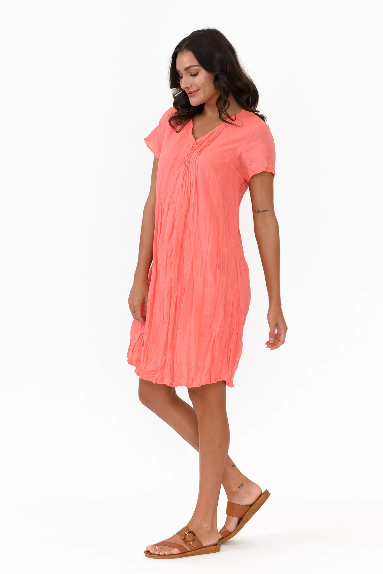 Sabina Coral Crinkle Cotton Dress