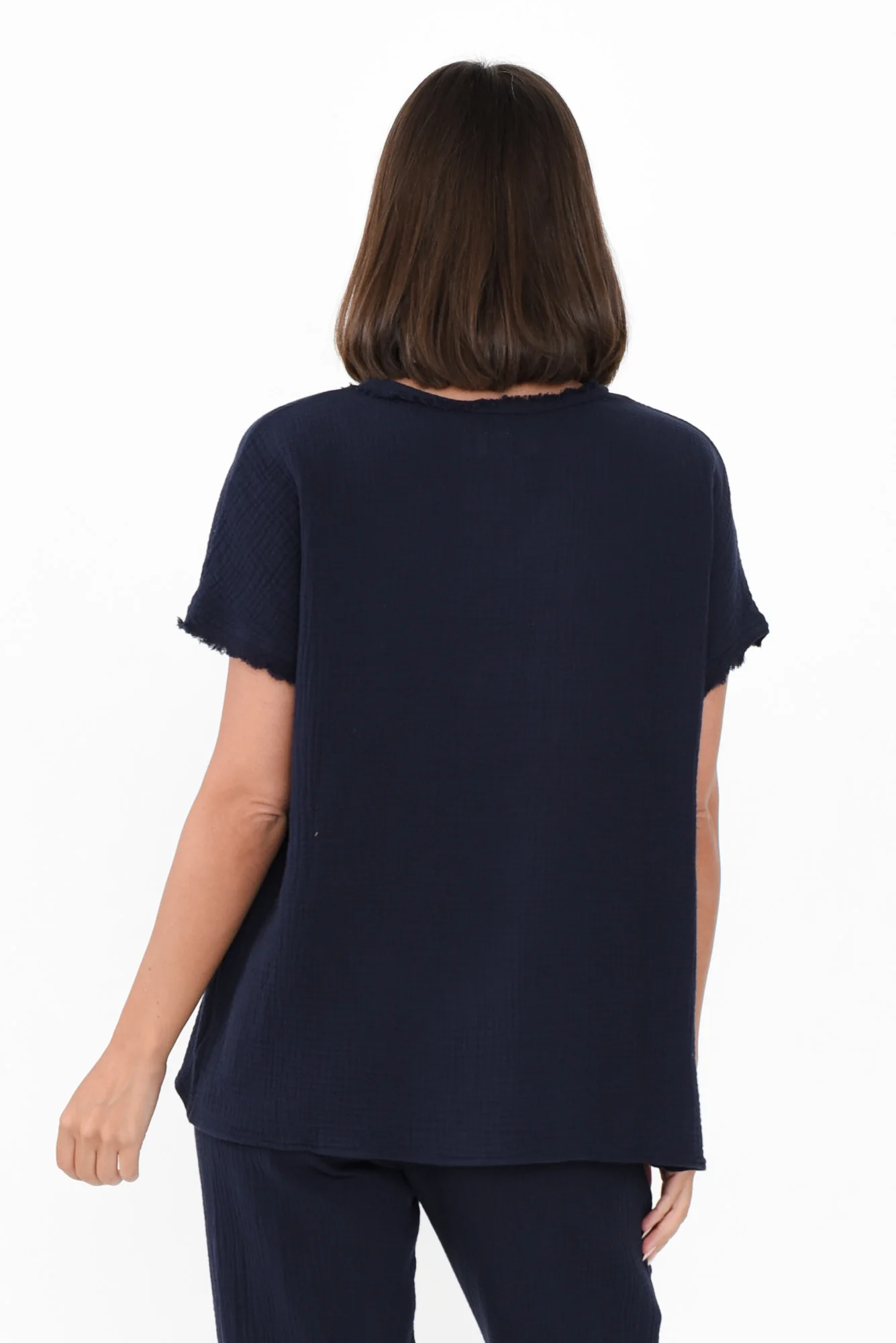 Haltia Navy Cotton Cheesecloth V Neck Top