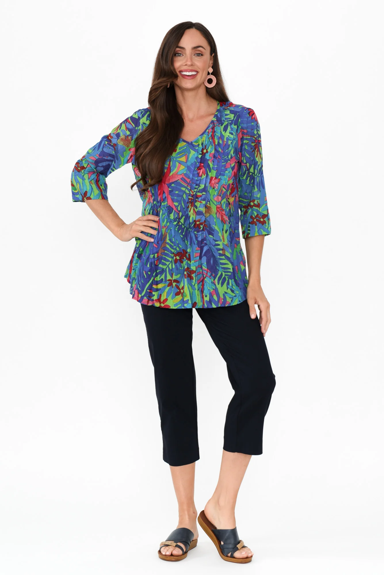 Fia Blue Jungle Sleeved Crinkle Cotton Top