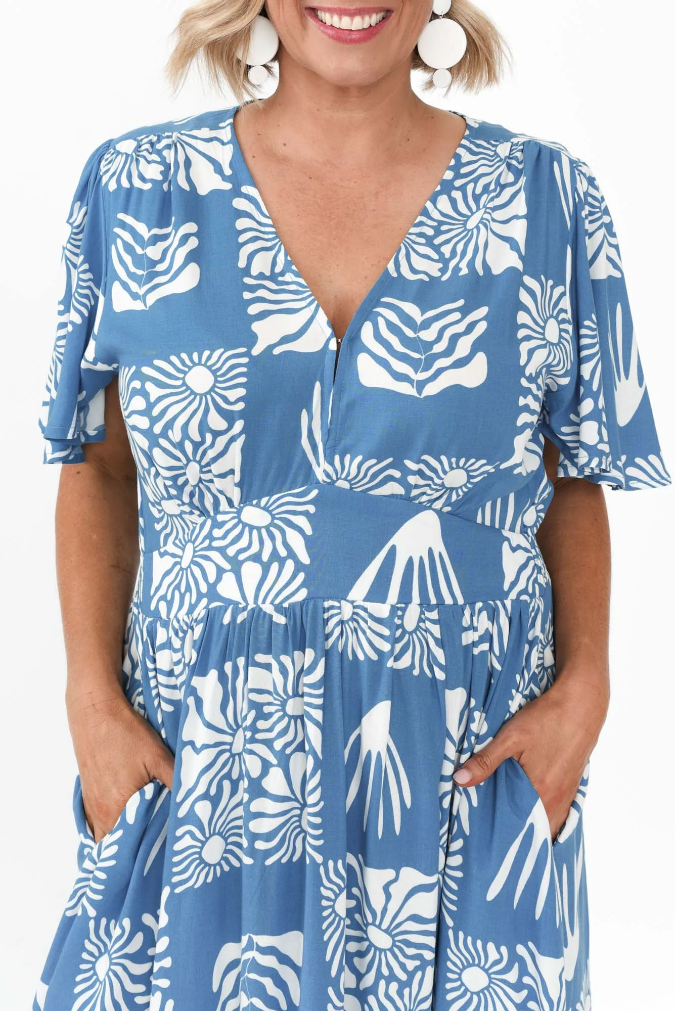 Ora Blue Floral Flutter Sleeve Dress