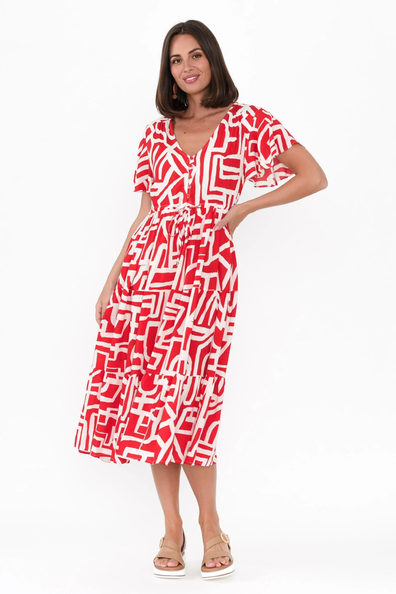 Johanne Red Abstract Tie Dress