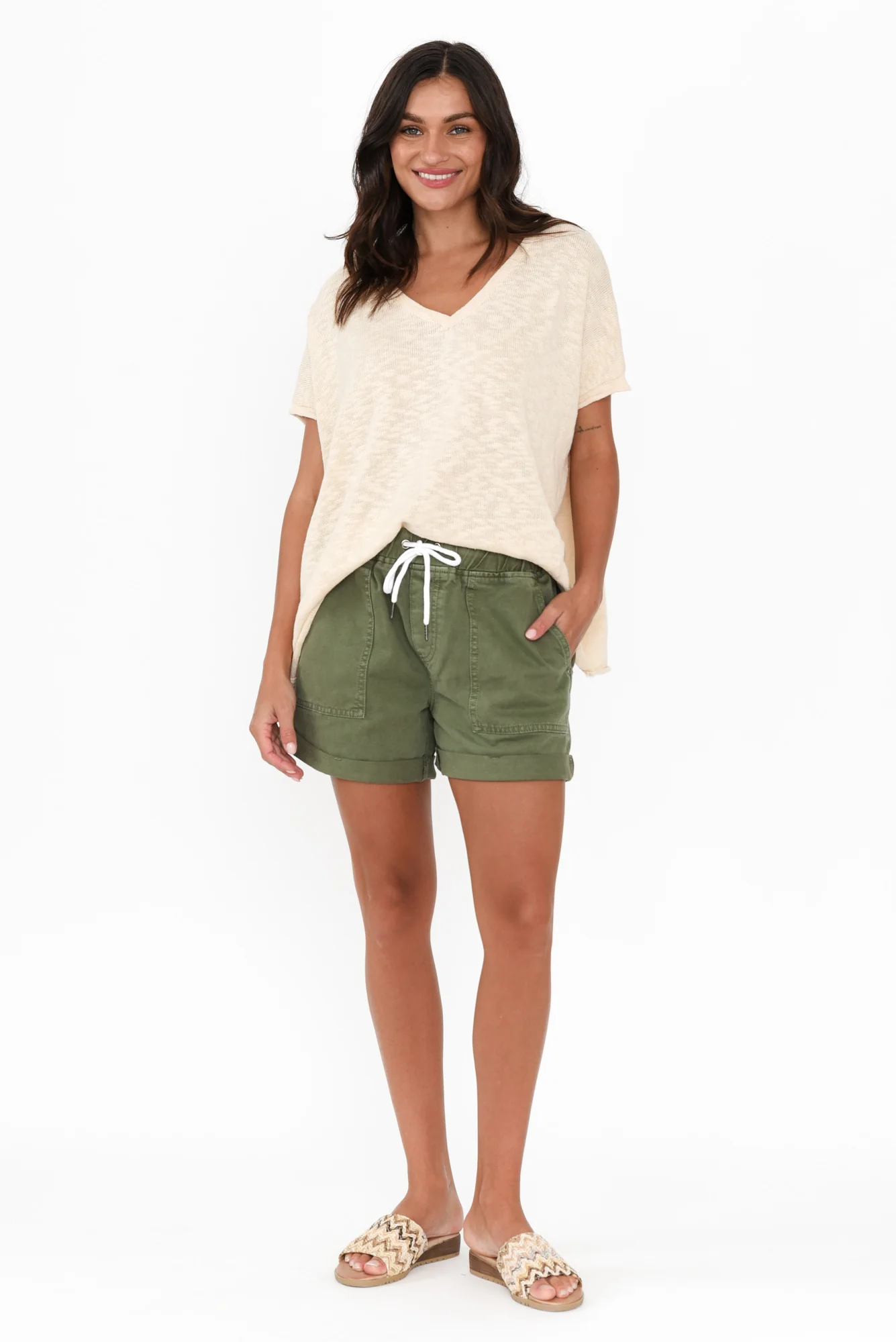 Emma Khaki Denim Relaxed Shorts