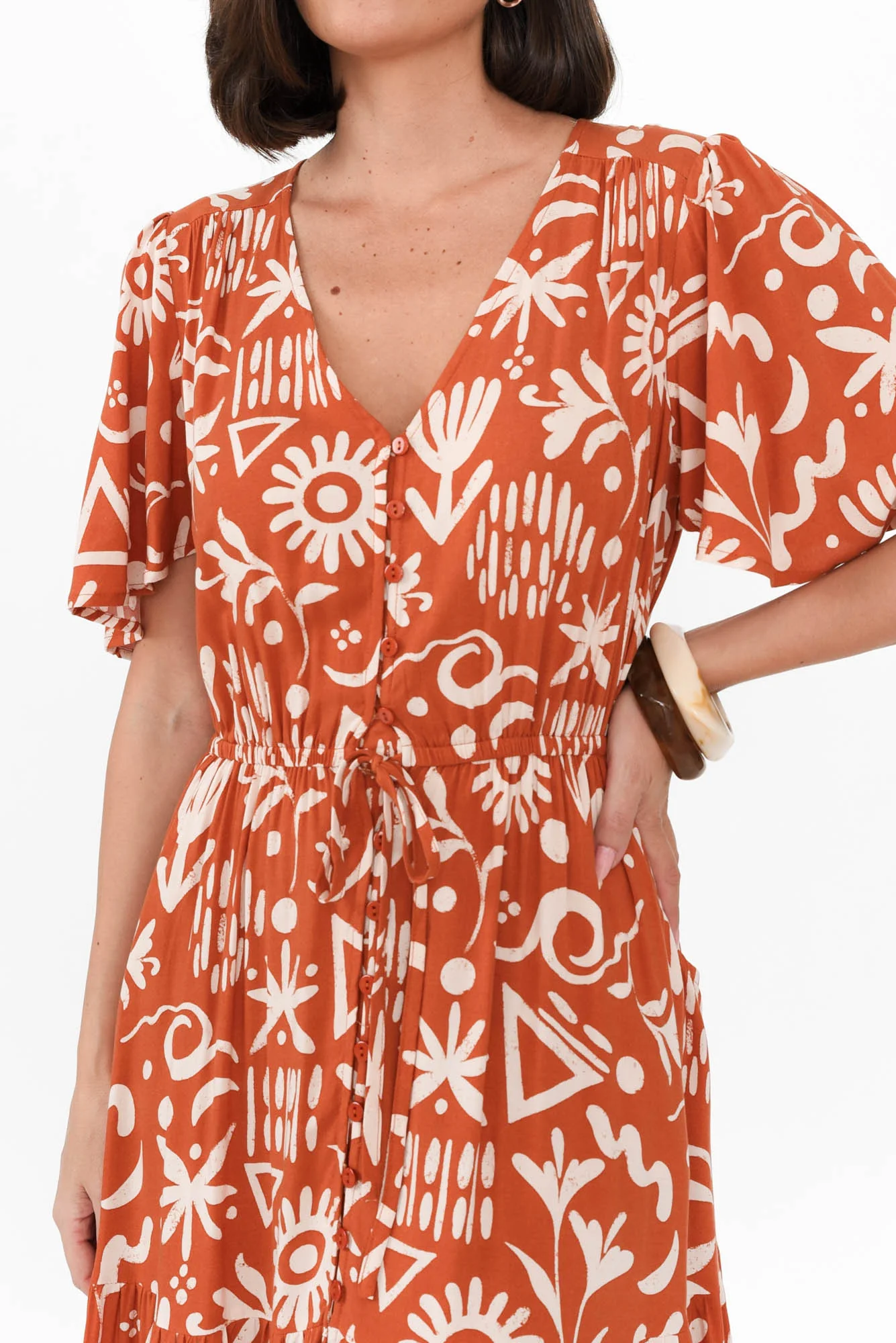 Barbara Rust Geo Flutter Sleeve Dress
