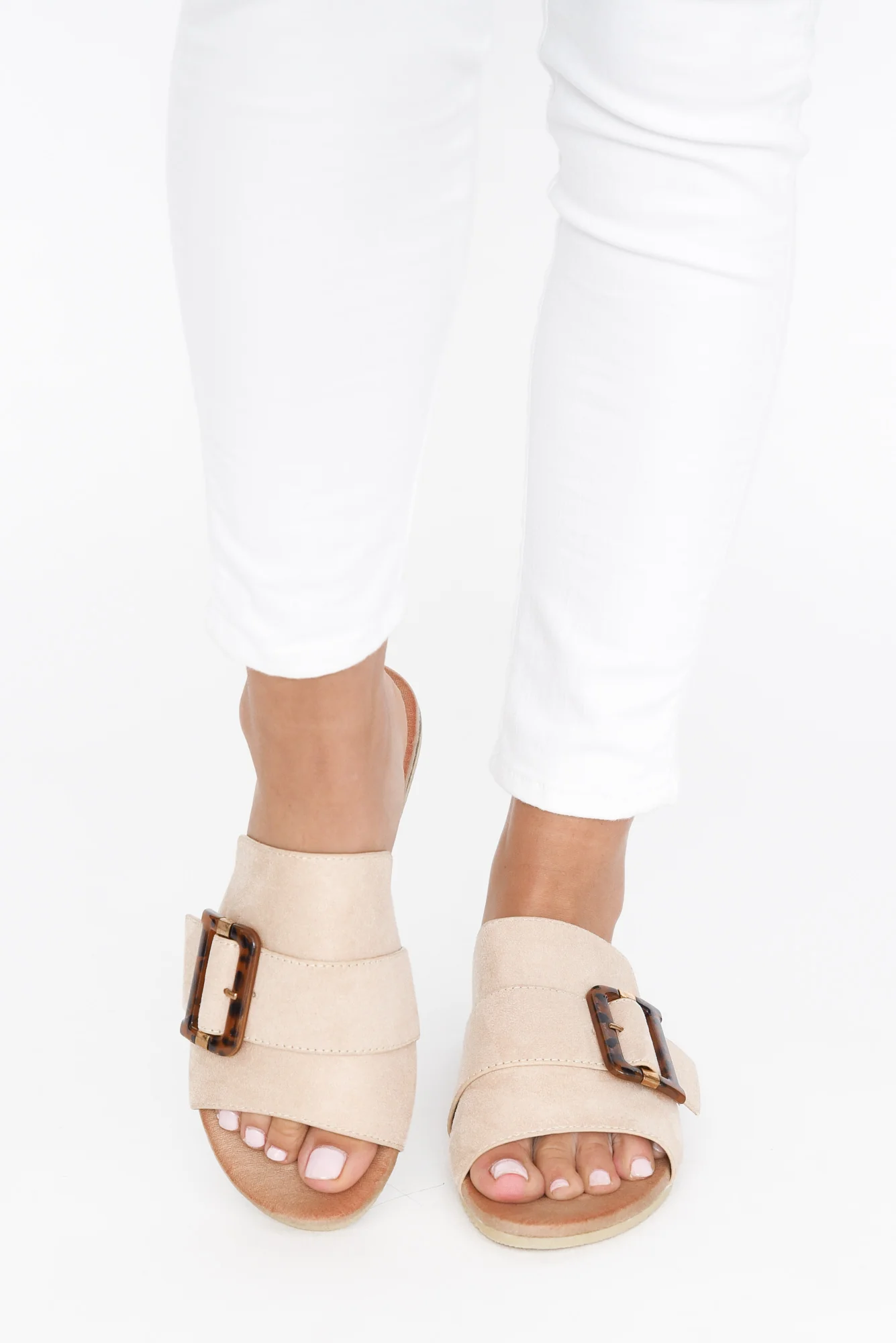 Kivari Beige Faux Suede Buckle Slide
