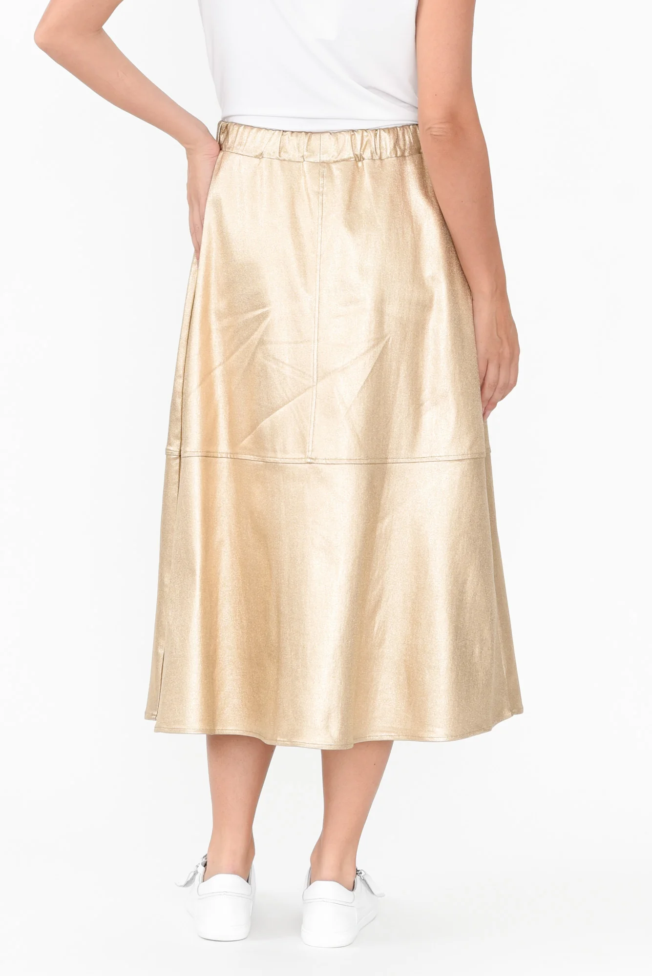 Oriel Gold Faux Leather Midi Skirt