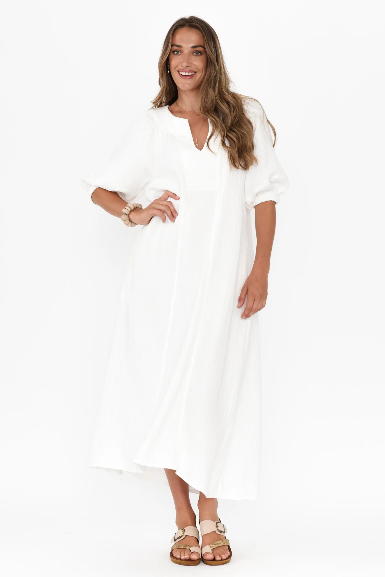 Neila White Cotton Cheesecloth Midi Dress