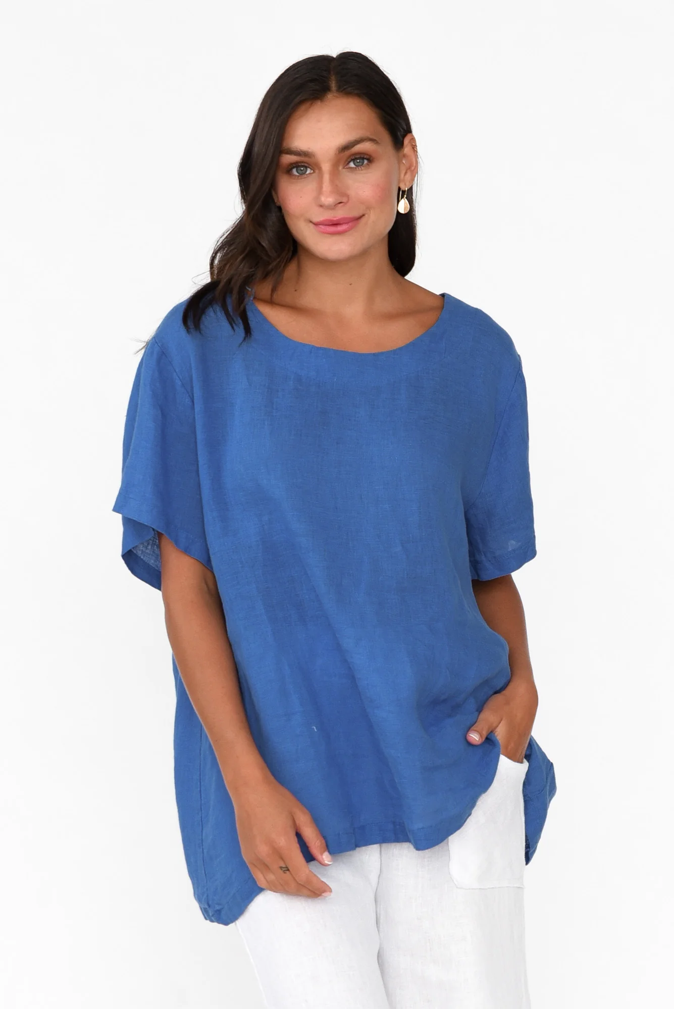Micah Cobalt Linen Scoop Neck Top