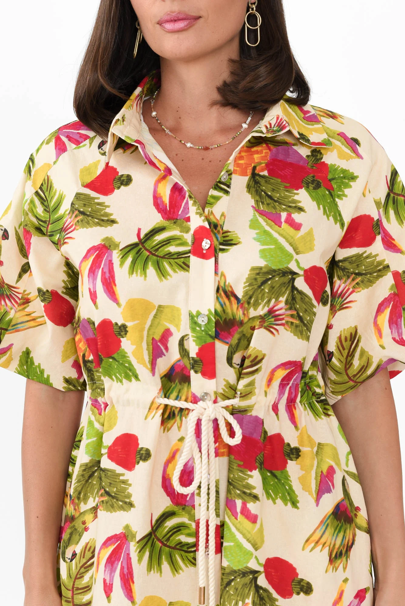 Kumo Cream Tropical Linen Cotton Dress