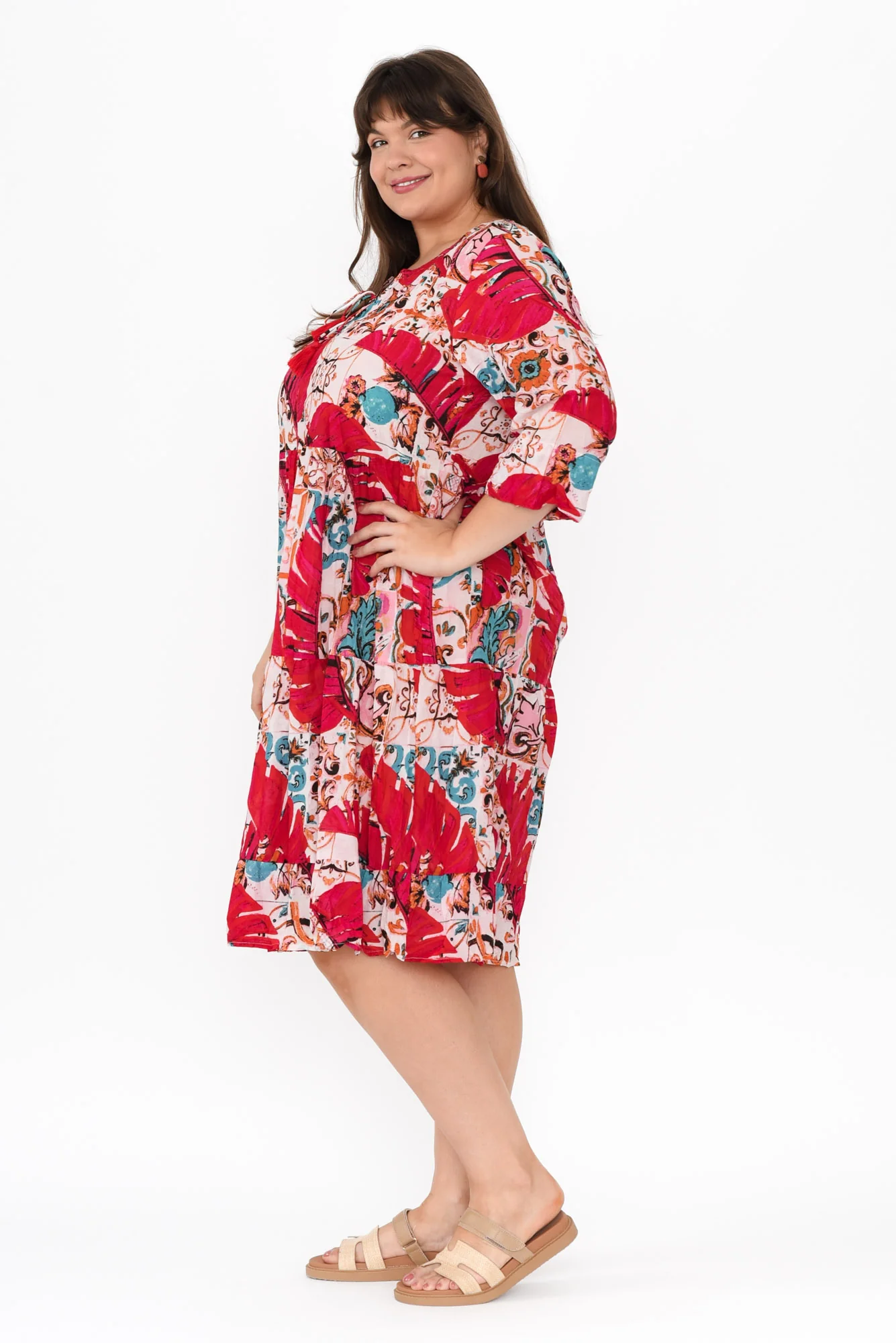 Milana Pink Leaf Crinkle Cotton Dress