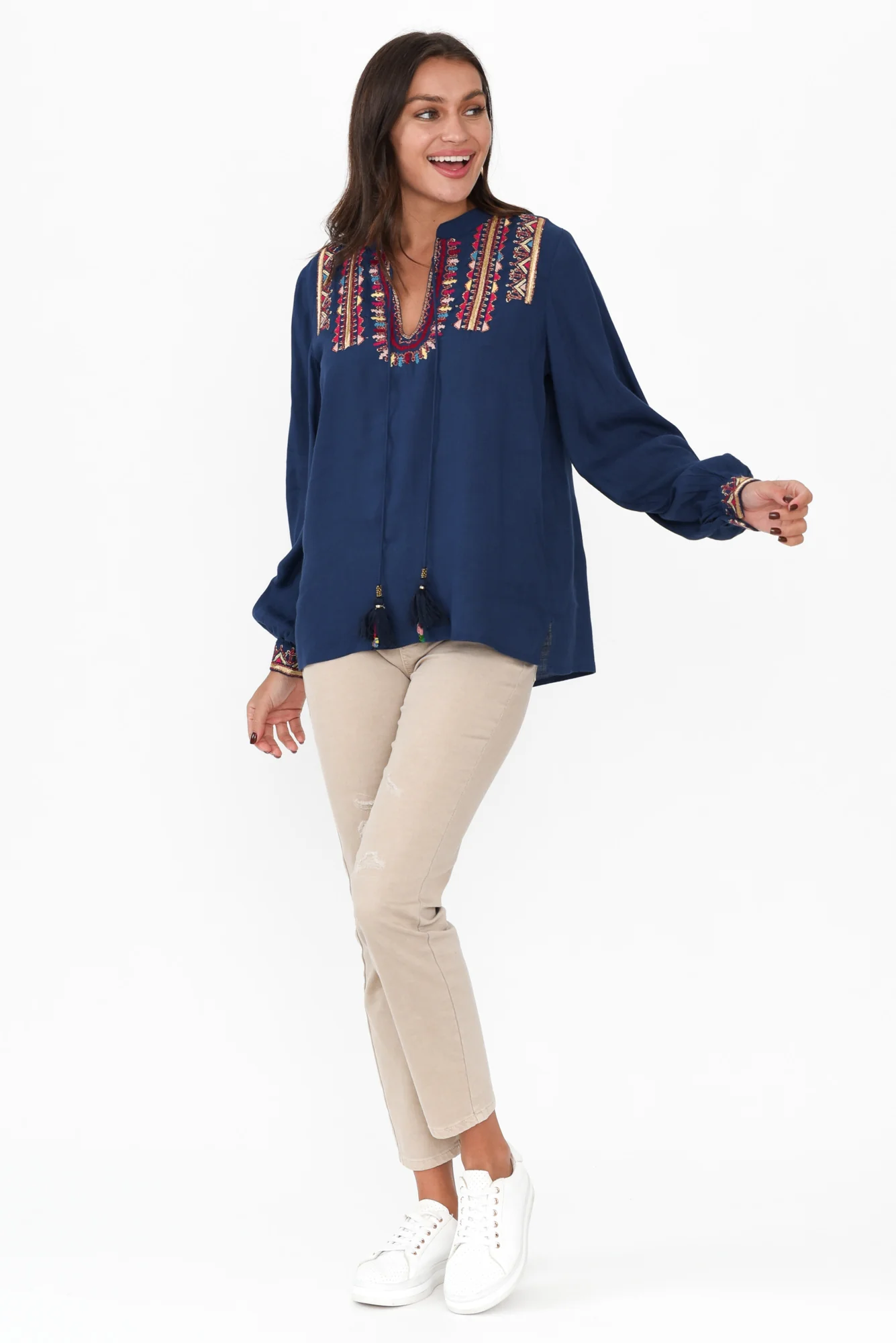 Eldrick Navy Aztec Tassel Top