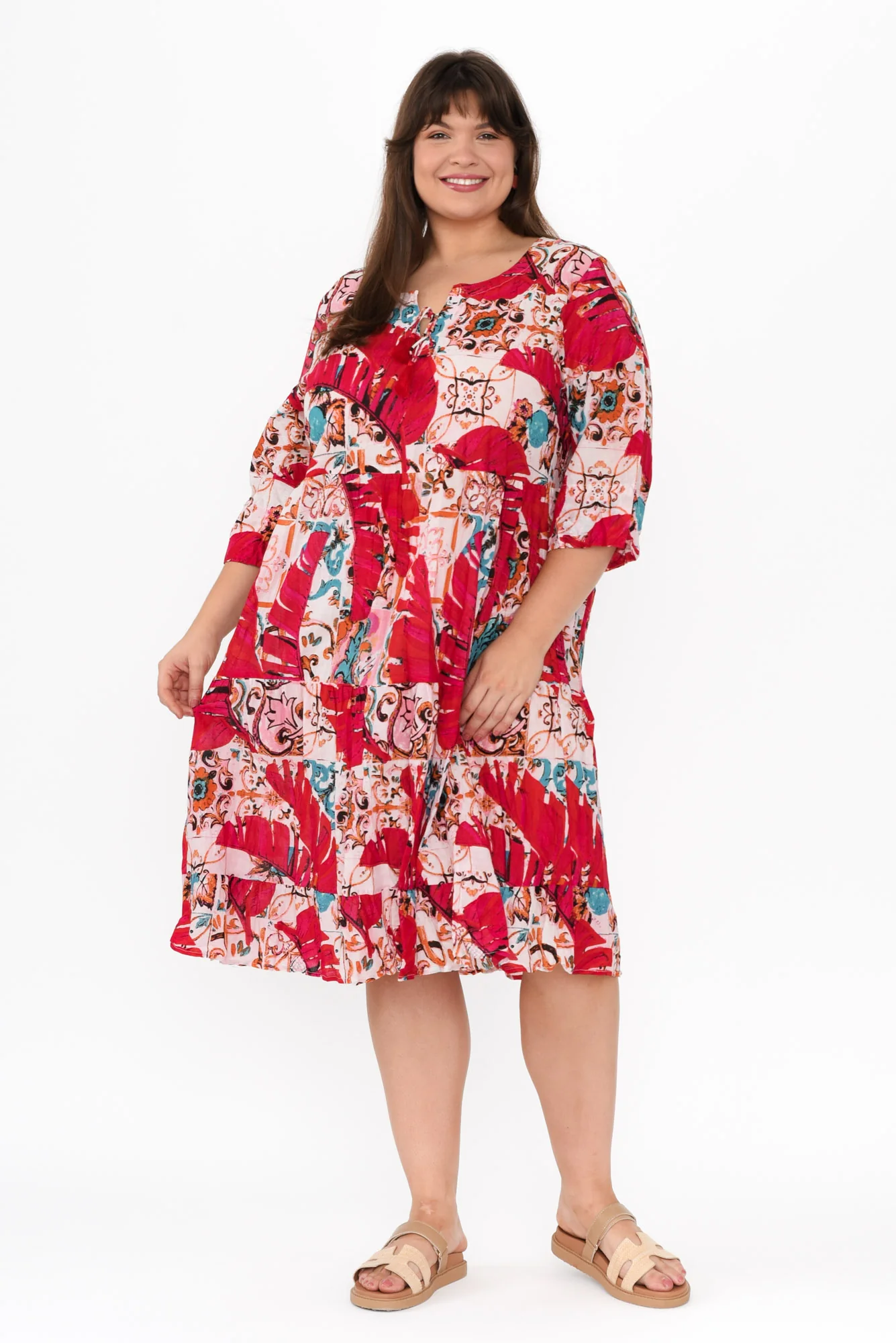 Milana Pink Leaf Crinkle Cotton Dress