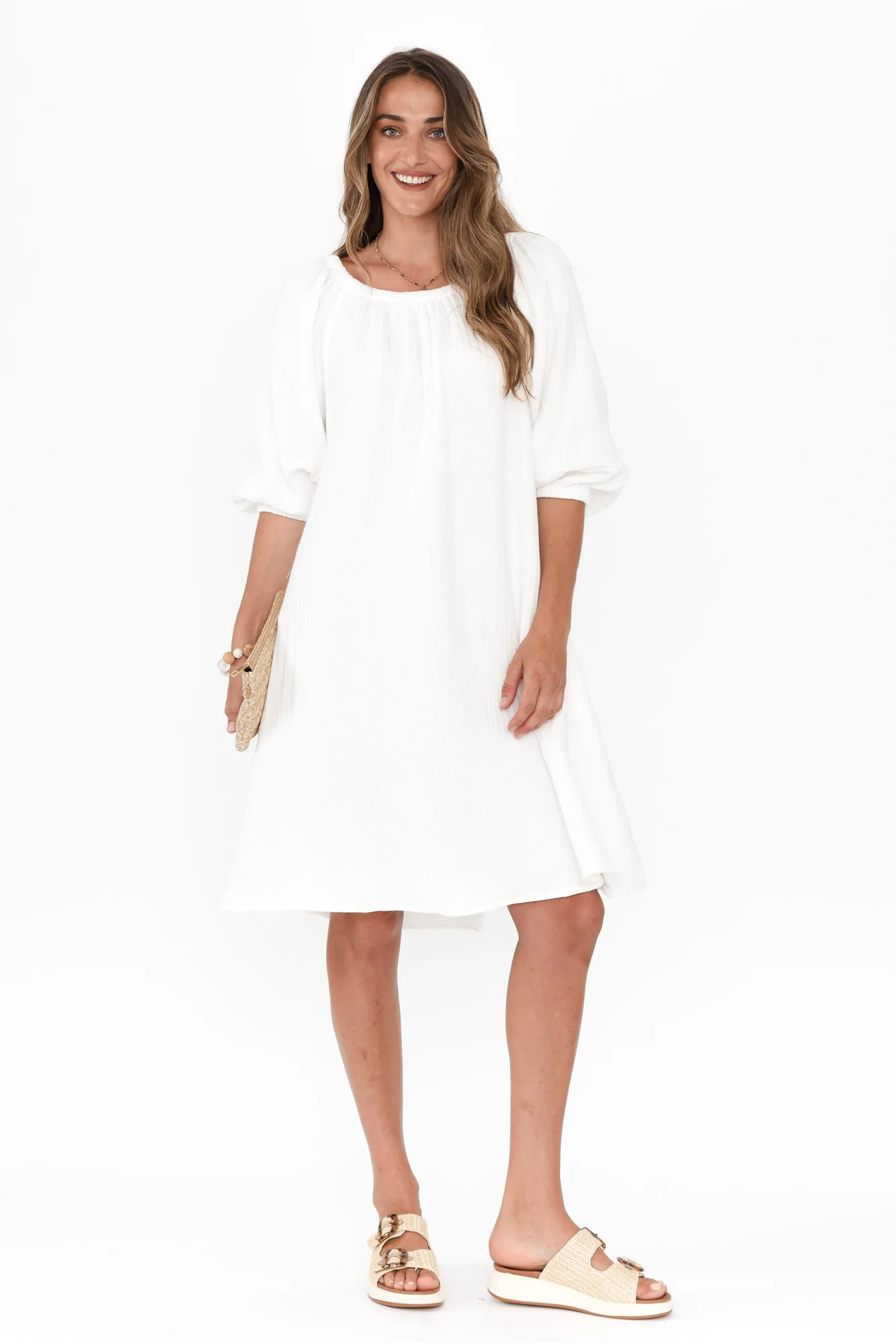 Raina White Cotton Cheesecloth Sleeved Dress