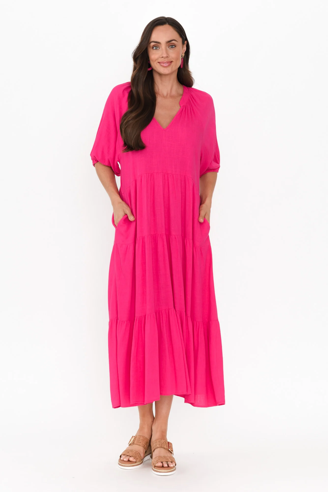 Imogene Hot Pink Cotton Linen Tiered Dress