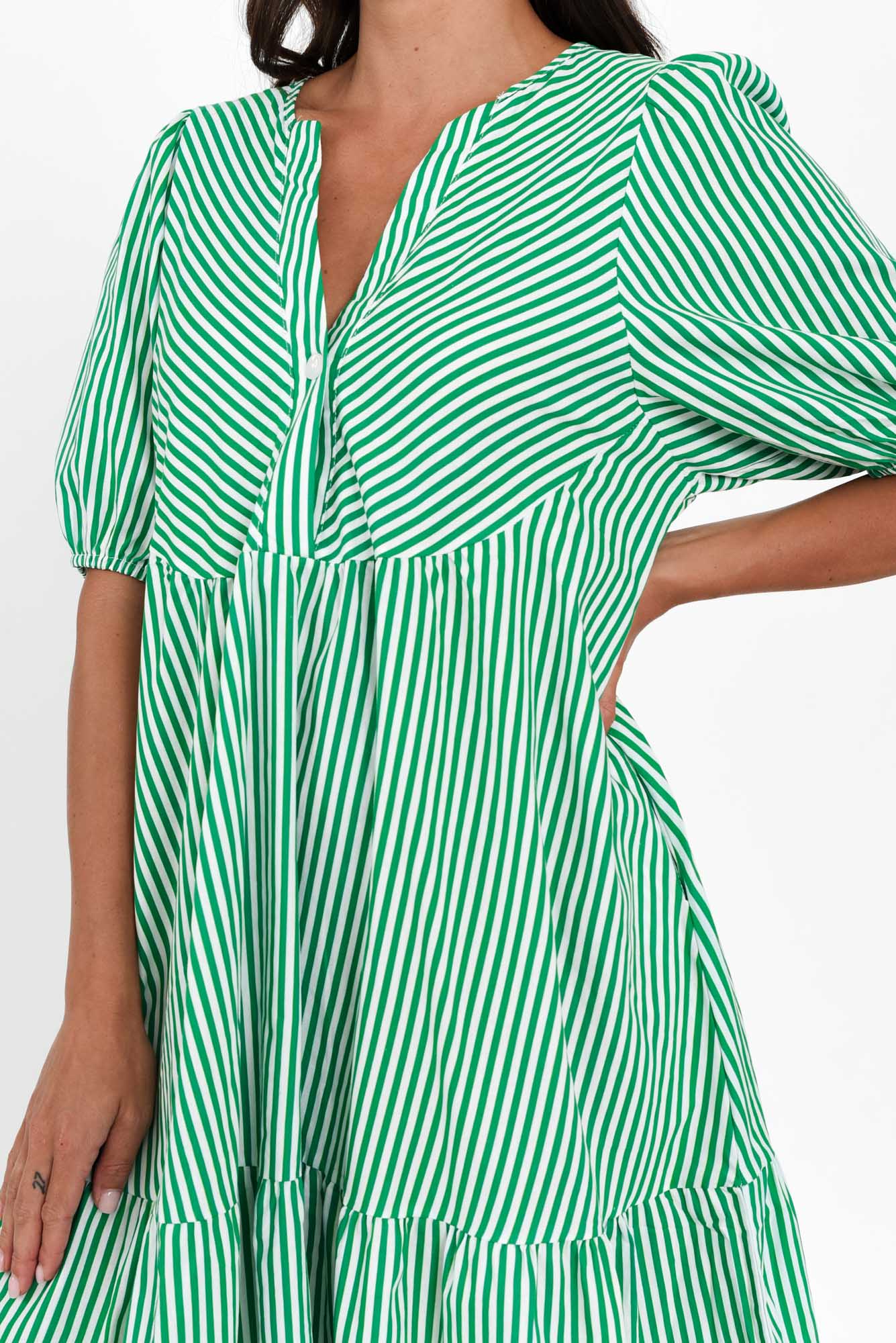 Zariah Green Stripe Cotton Tier Dress