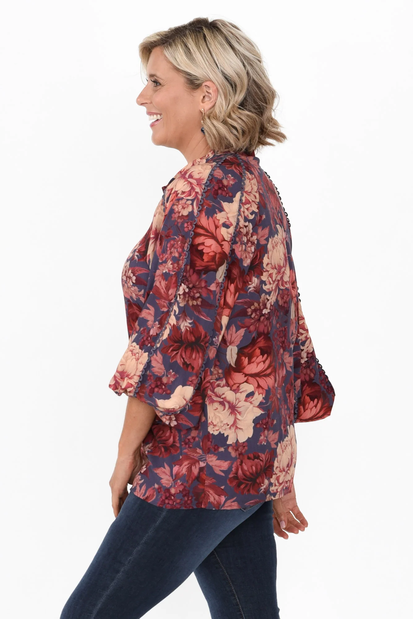 Berry Kiss Red Floral Linen Blend Blouse