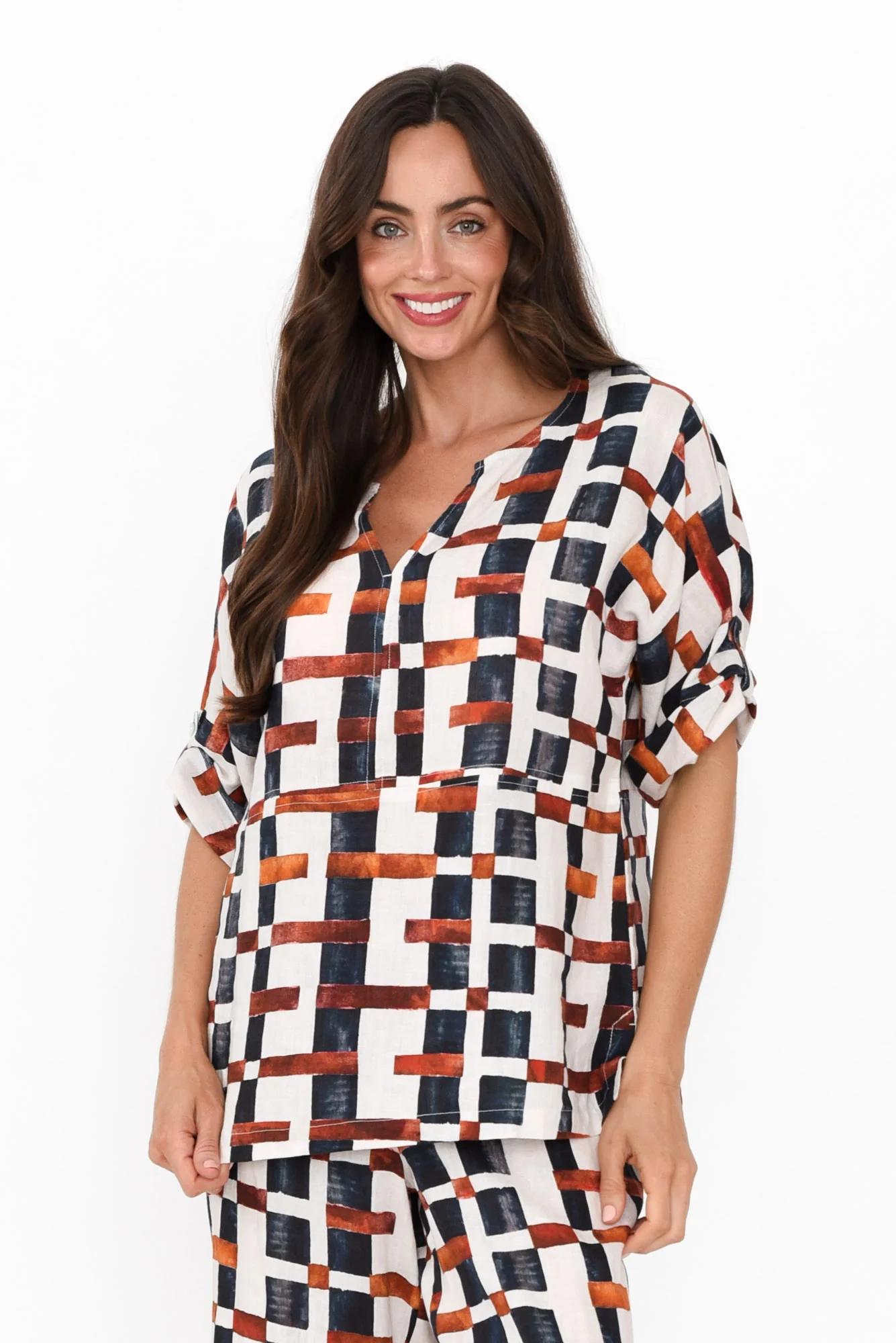 Taina Brown Geo Linen Top