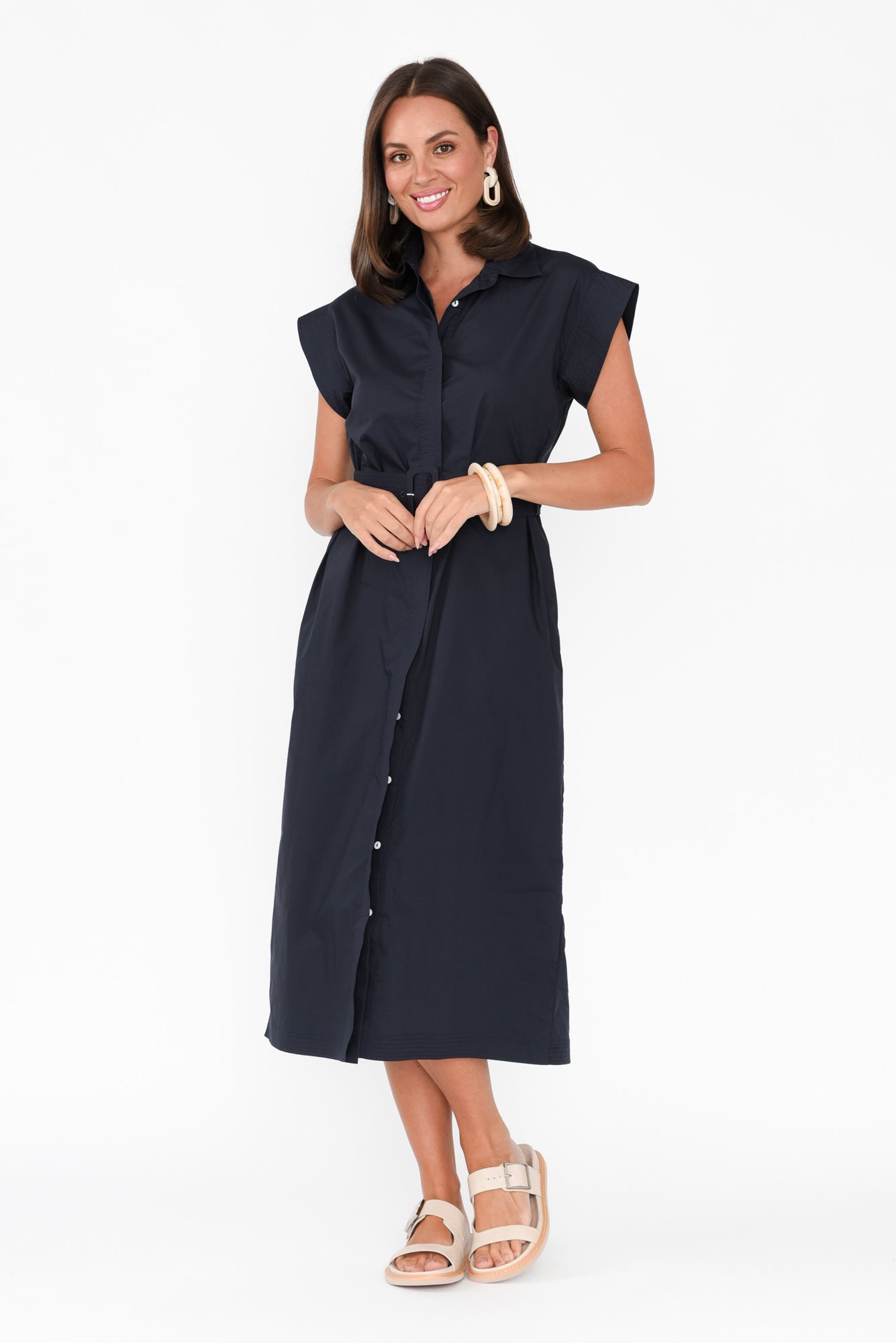 Gail Navy Cotton Belted Dress