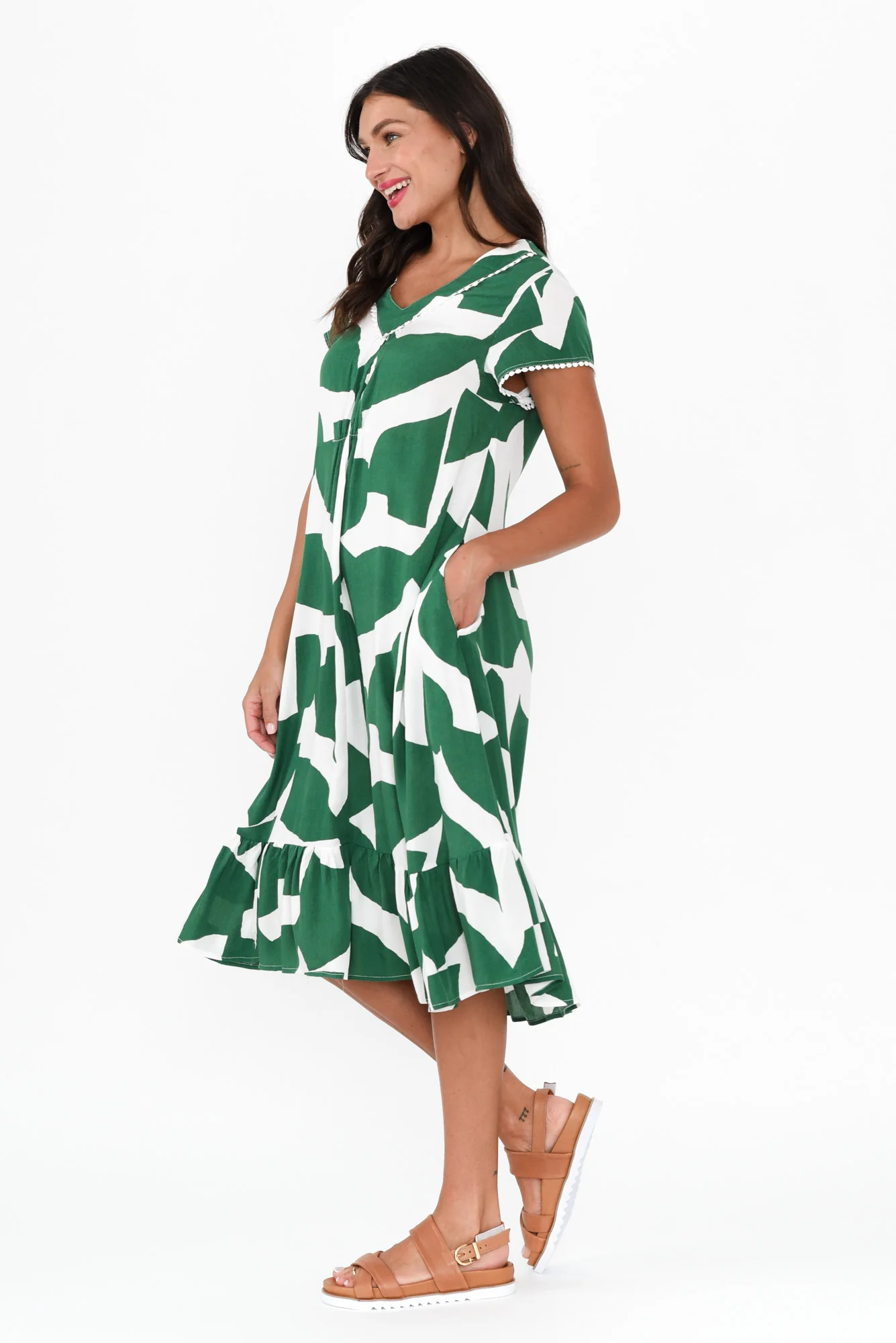 Karlie Green Abstract V Neck Dress