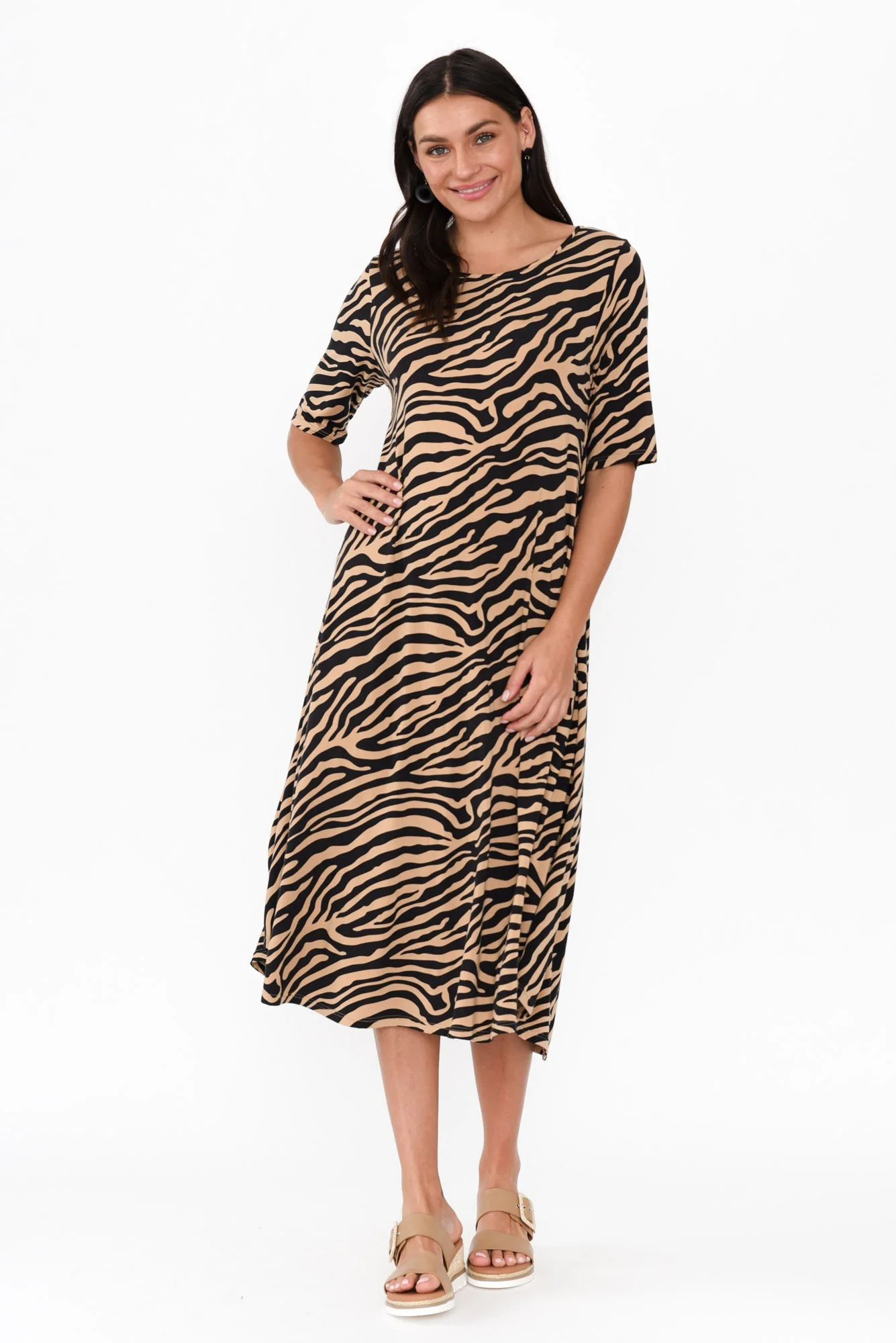 Tan Zebra Micro Modal Tri Drape Dress