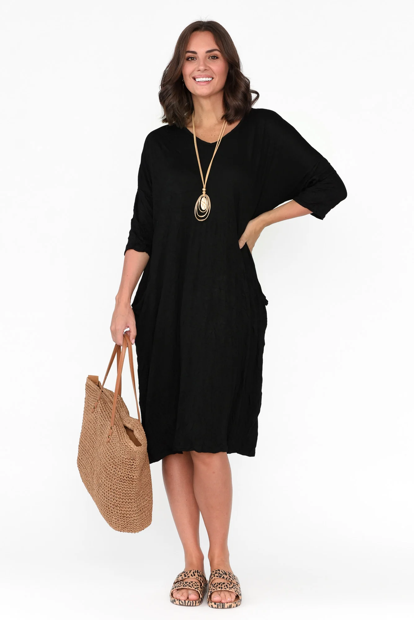 Travel Black Crinkle Cotton Sleeved Dress
