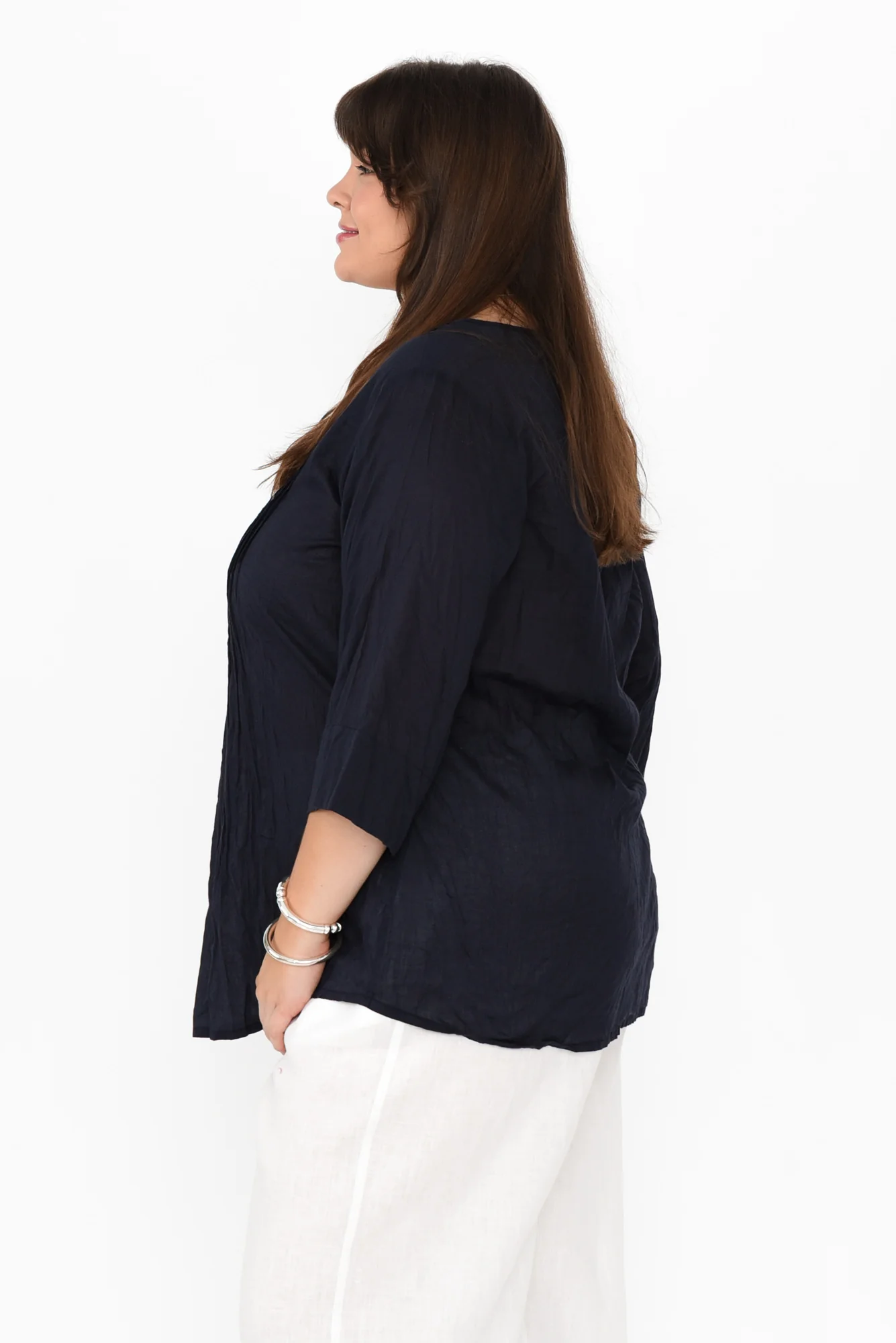 Fia Navy Sleeved Crinkle Cotton Top